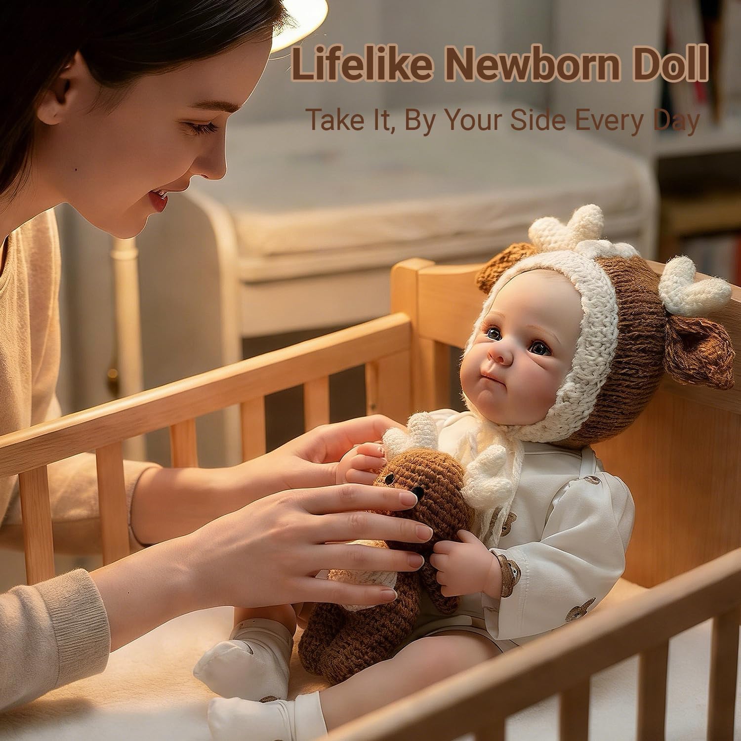 Lifelike Reborn Baby Doll 18 Inch Real Baby Size, Hand-Painted Hair & Blue Eyes with Deer Hat & Toy, Soft Vinyl Skin for Ages 3+ Kids