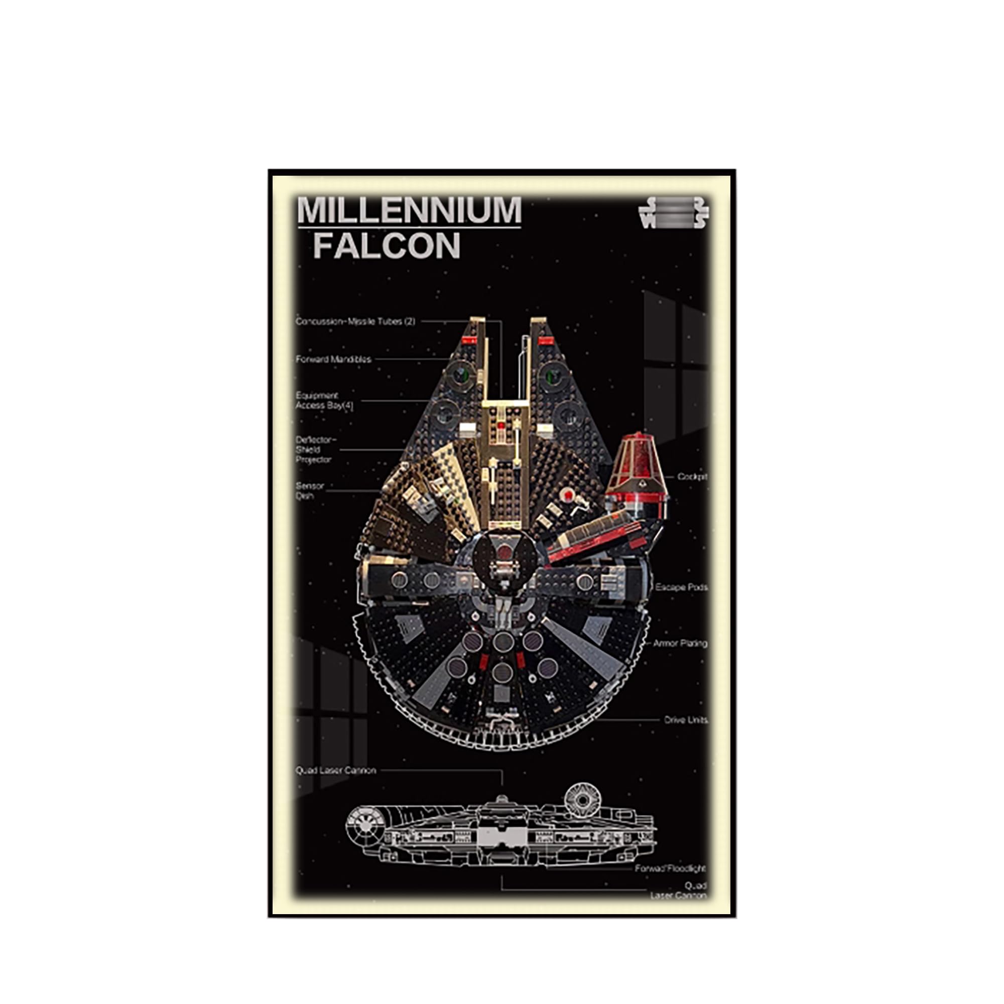 Display Wallboard for Lego 75389 Millennium Falcon - Wall Mount Display Stand Art Wall Mount Frame for Racing Car Building Set, Ideal Gift for Model Enthusiasts - 50 x 80 CM (75389 USB LED Light B)