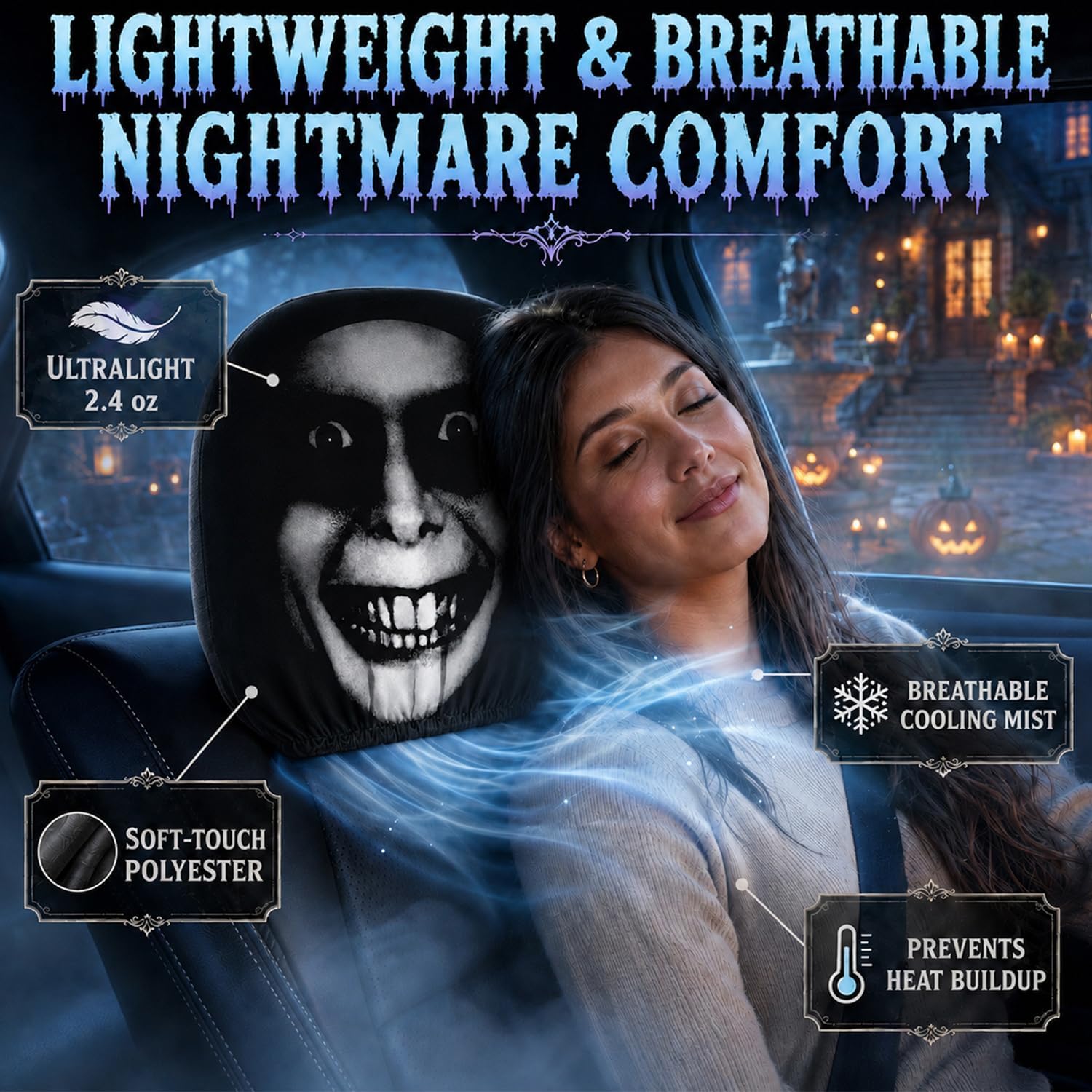 2 Pack Scary Headrest Covers for Cars, Funny Scary Face Auto Seat Elastic Models Headrest Protector, Soft Stretch Polyester Auto Seat Headrest Covers for Halloween Car Interior Decoration(C) image 4