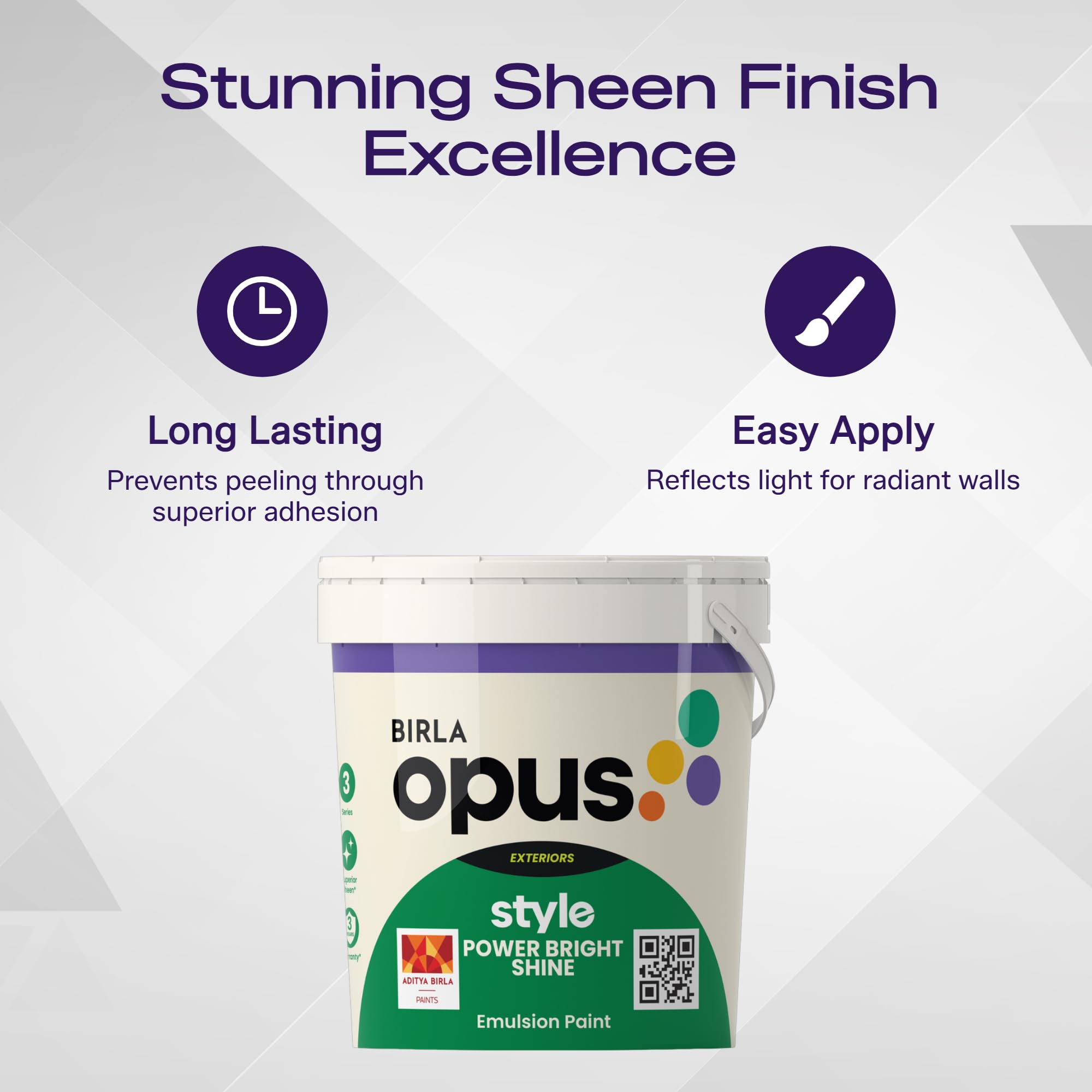 Birla Opus Style Power Bright Shine Exterior Emulsion Paint (10L, White Colour, Sheen Finish)-Superior Peel Resistance, Superior Algal Protection, Low VOC-For Exterior Walls, Home, Office 2