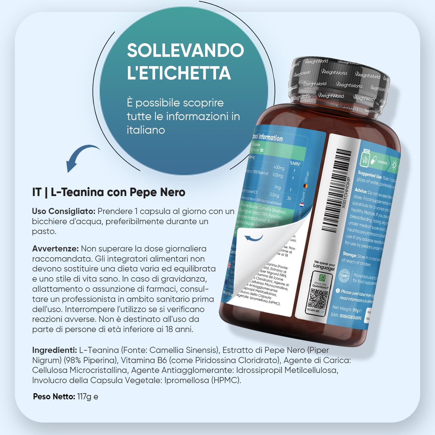 L Teanina 401mg, 180 Capsule Vegane, 1 al Giorno (6 Mesi di Scorta), L-Teanina Estratta dalla Camellia Sinensis con Pepe Nero e Vitamina B6, Aminoacido L Theanine da Tè Verde, Senza Magnesio Stearato