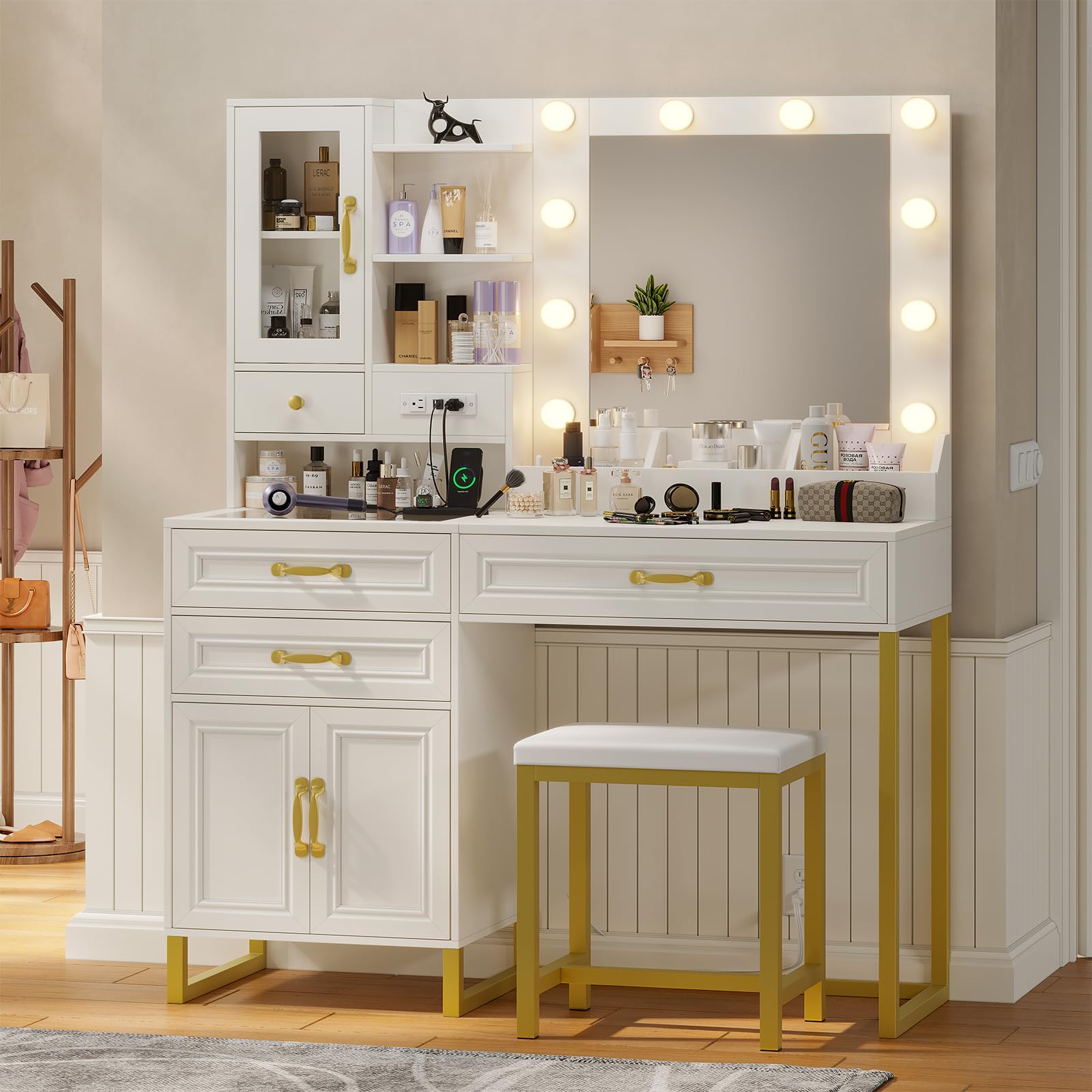 Vanity Desk with Mirror & Lights, Upholstered Stool & Power Outlet, Makeup Vanity Set with Glass Top Drawers, Shelves & Cabinets, Modern White & Gold