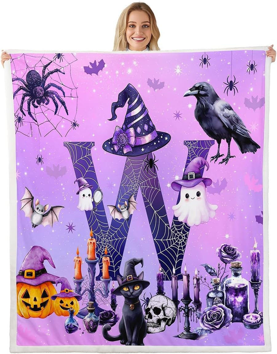 Erosebridal Monogram Letter W Twin Size Sherpa Blanket for Kids Halloween Skull Fuzzy Plush Throw Gothic Ghost Pumpkin Fleece Blanket for Girls Boys Teens Bedroom Decor Personalized Initial Bat Decor
