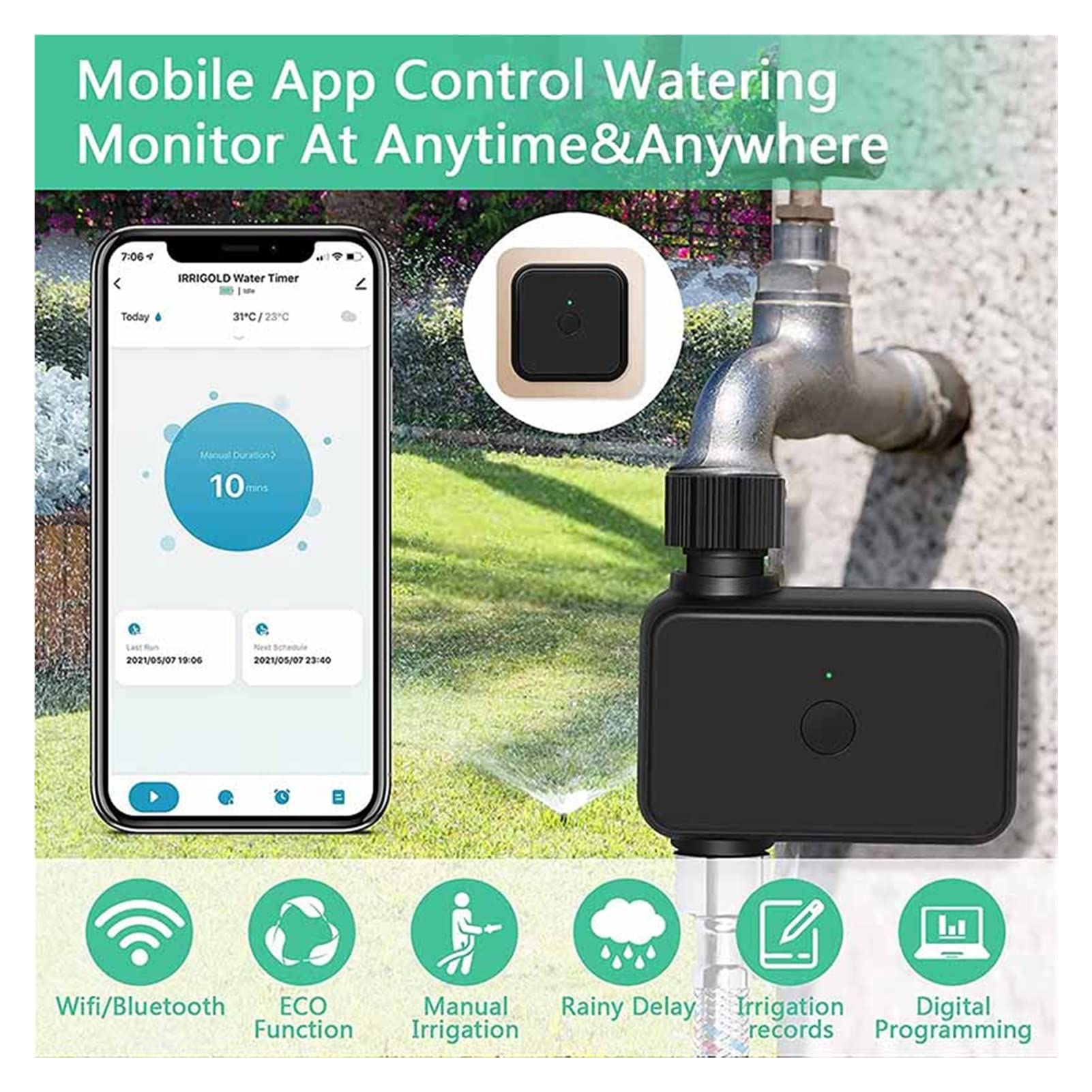 Temporizador de rociadores inteligentes de jardín, temporizador de agua con control wifi 15 programas de riego separados Válvula de agua inteligente(Timer HUB And 1 Head)