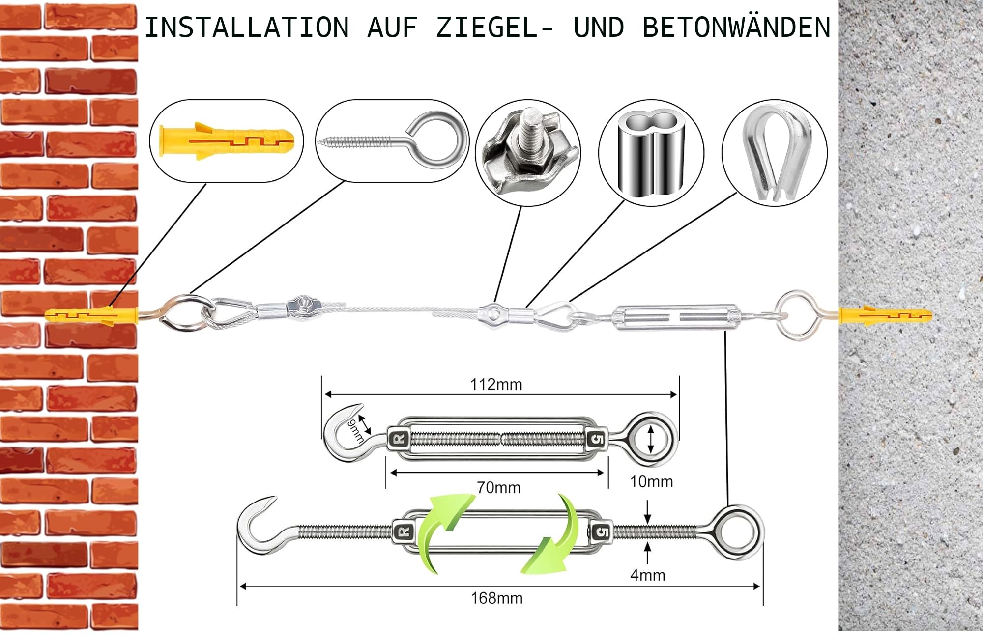 50M Stahlseil 2mm ,304 Edelstahlseil 2mm ,Drahtseil 2mm,M2 Drahtseilklemme mit M5 Drahtseil Spanner für rankhilfe edelstahl seilsystem,spannseil edelstahl für außen