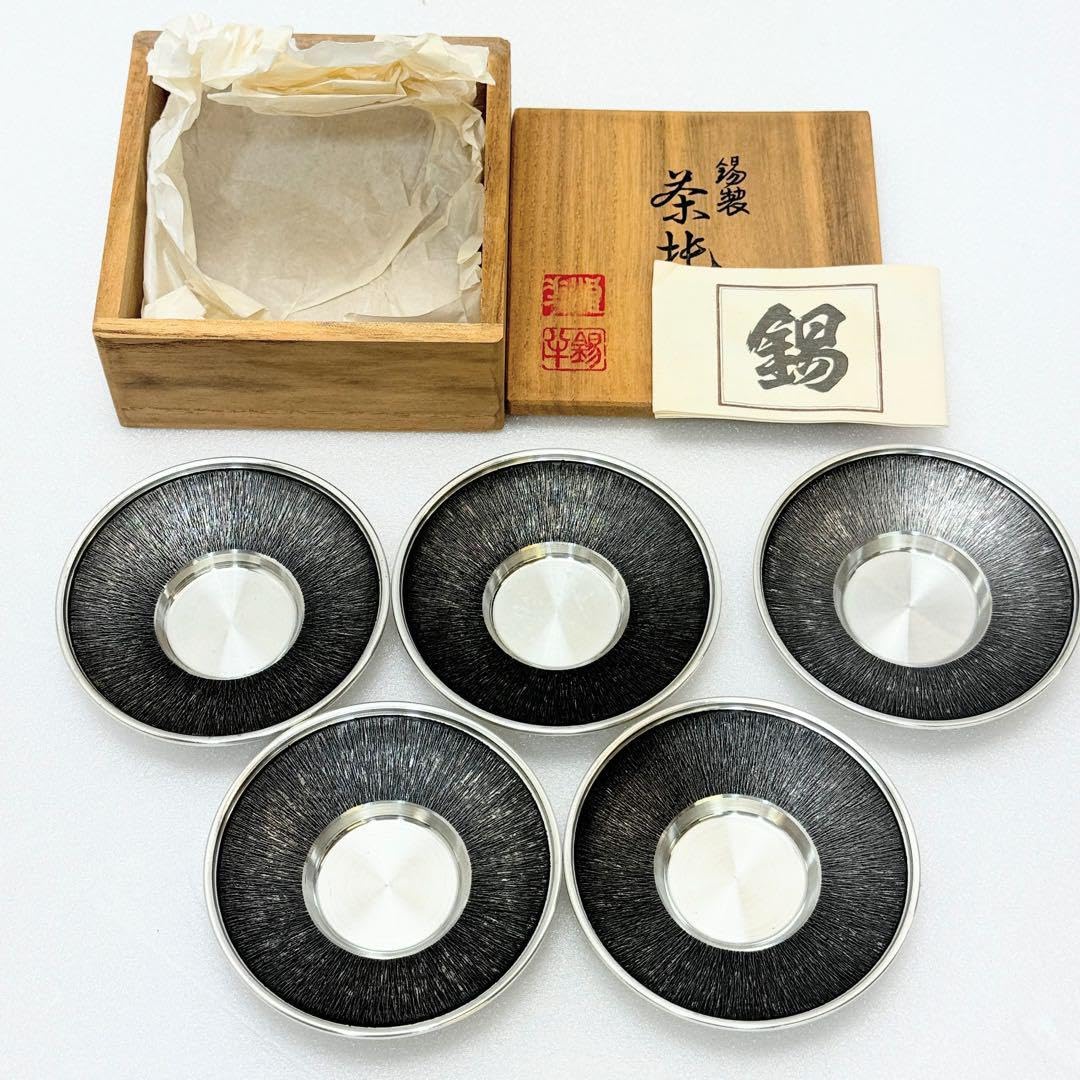 浪華　錫半造　本錫手造り　急須　茶壷　茶托五客など　五点一式　共箱　UR7848 浪華錫半造本錫手造り急須茶壷茶托五客など五点一式共箱UR7848