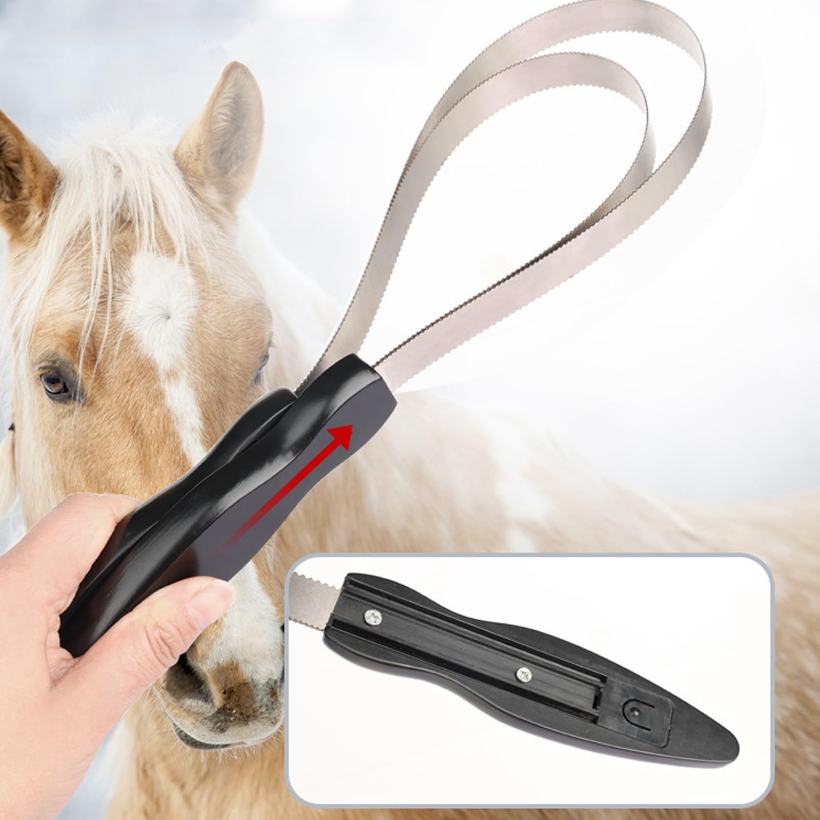 Juego de aseo para caballos, kit de 3 piezas con raspador de sudor de una sola manija, raspador de sudor de doble mango y cepillo para limpieza equina