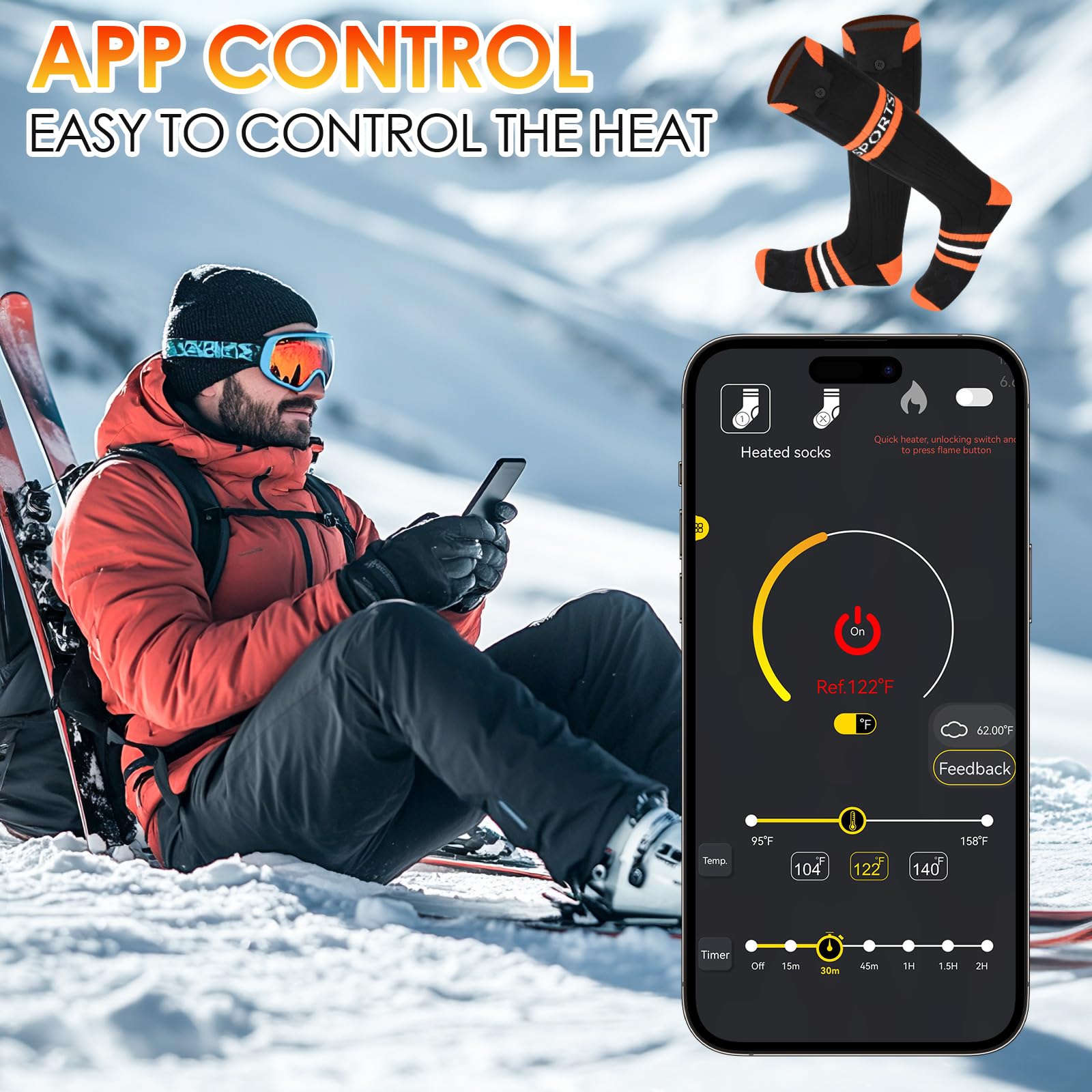 Chaussette Chauffante, 5000mAh Chaussettes Chauffantes Rechargeables avec 4 Températures, Chaussette chauffante Lavables pour la Chasse d'hiver/Ski/vélo, Unisexe Chauffe Pied