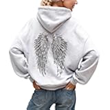 Sequin Angel Wings Hoodie Women Trendy Long Sleeve Sweatshirt Baggy Drawstring Sweat Shirt with Pocket