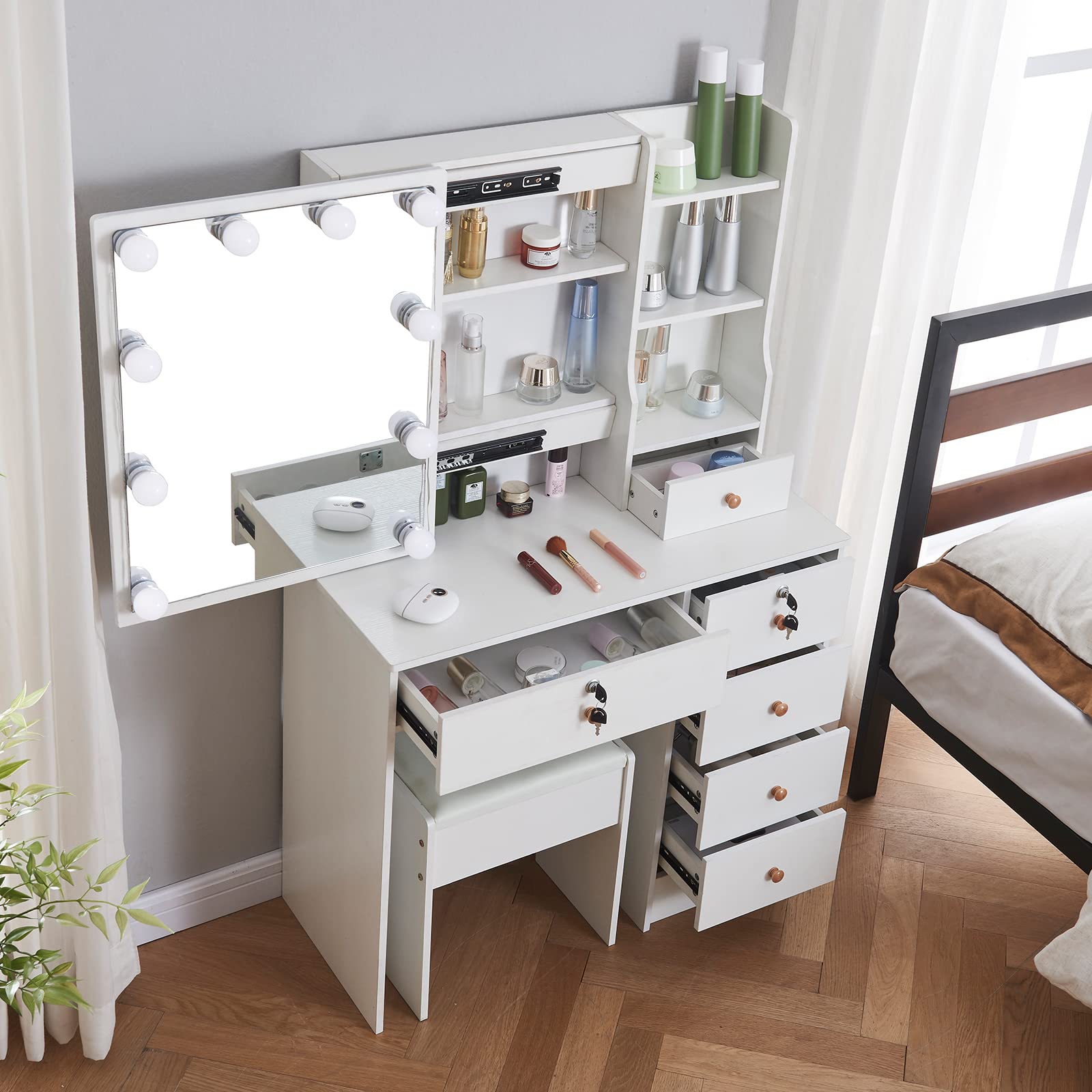 Vanity Desk with Mirror and Lights, Makeup Vanity Table with Cushioned Chair, 10 LED Bulbs, 3 Lighting Colors, Makeup Desk with 6 Drawer and Lots Storage Shelves,Dressing Table for Bedroom,Girls,Women