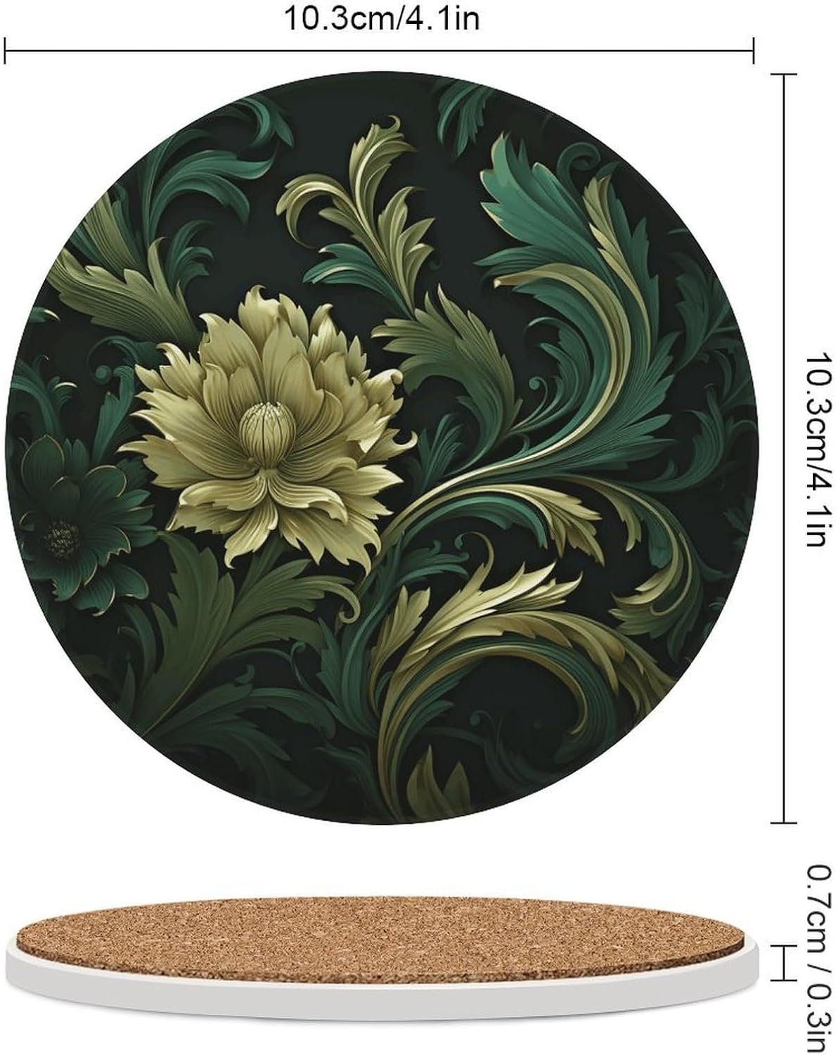 6PCS Dark Green and Green Style Coasters Non-Slip Round Drink Coasters with Ceramic Stone and Cork Base, Heat Resistant Absorbent 33.00Stone Coaster Set for Kinds of Mugs and Cups, 4 Inch