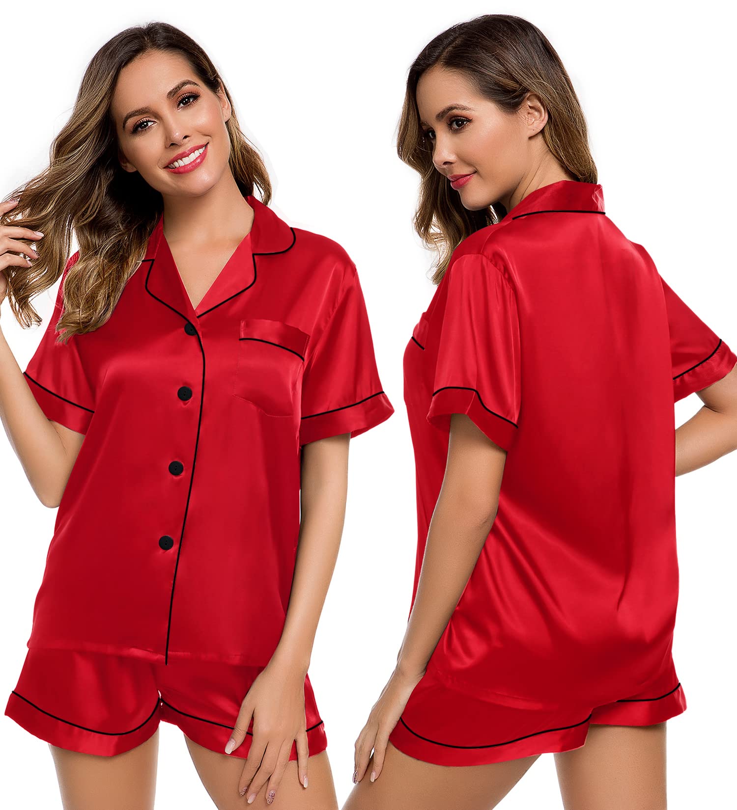 LecGee Womens Silk Satin Pajamas Short Sleeve Loungewear Two-Piece Sleepwear Button-Down Pj Set