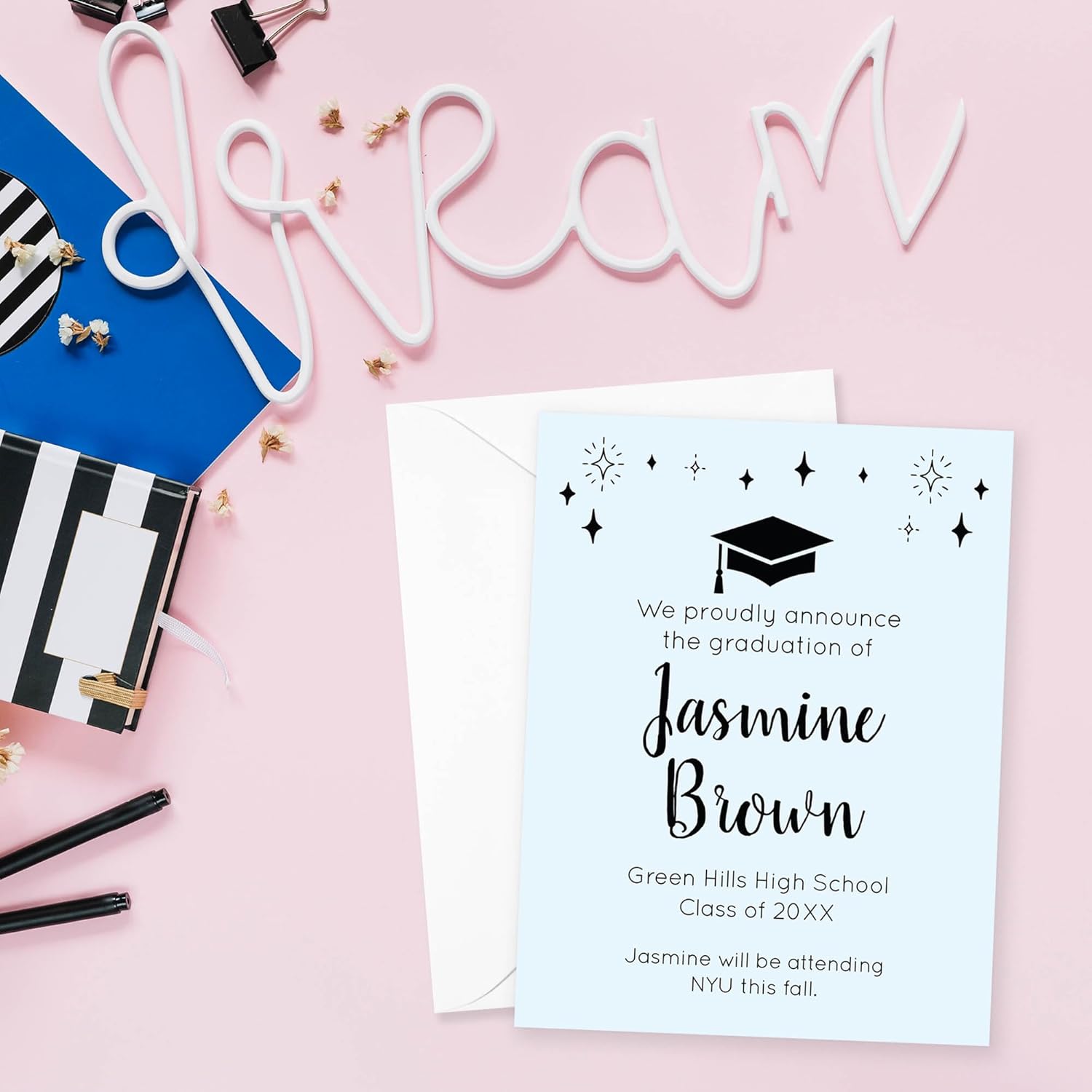 Personalized 4.25x5.5 Modern Starry High School Graduation Announcements with Envelopes, Custom Grad Announcements Class of 2025