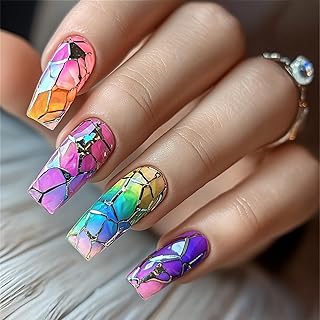 24Pcs Colored Window Press on Nails Medium Ballet Shaped Full Cover Glossy Stick on Nail Colored Glazed Window Pattern Design Fashion False Nails Reusable Artificial Acrylic Glue on Nails for Women