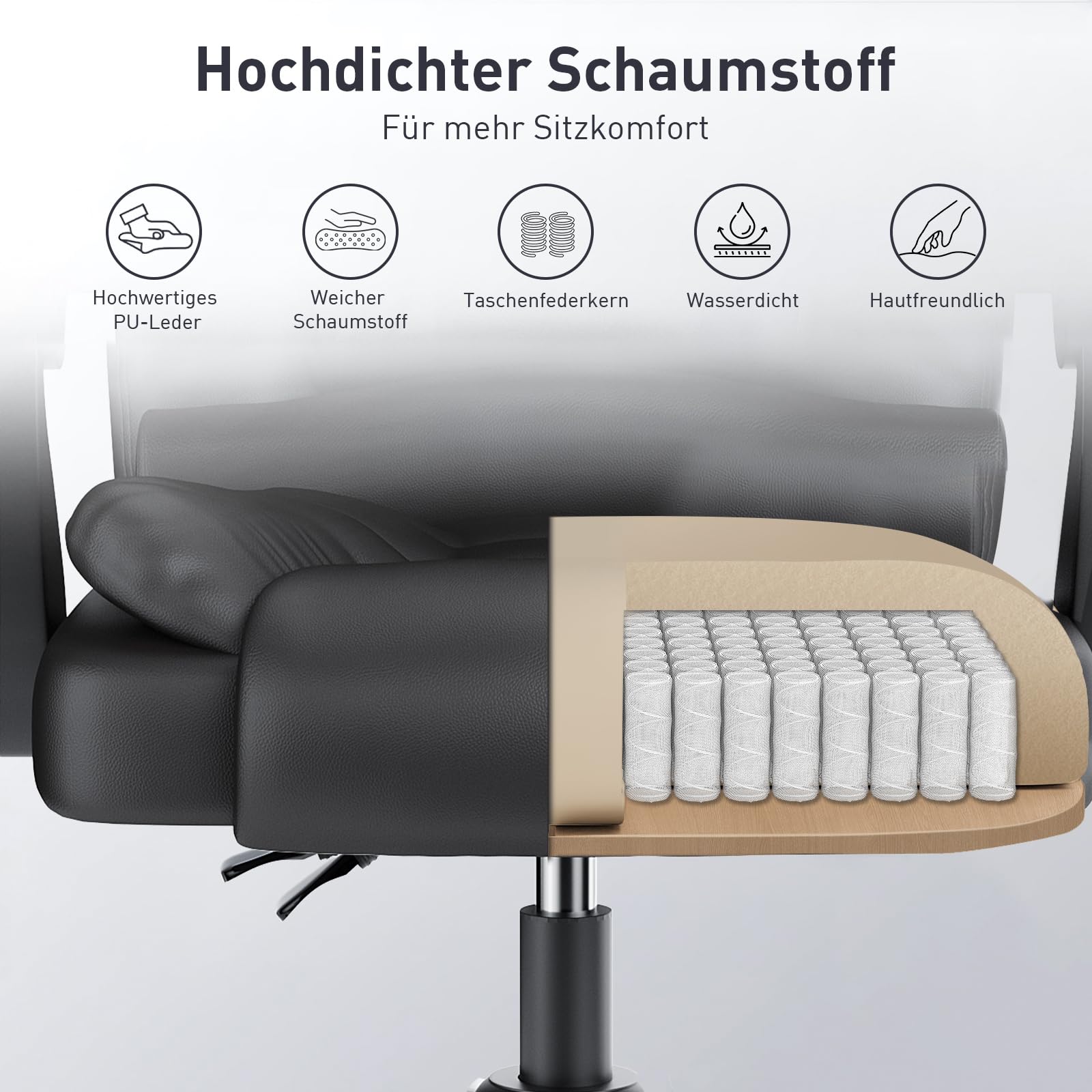 naspaluro Ergonomischer Bürostuhl, Schreibtischstuhl mit Hoher Rückenlehne und Höhenverstellbar, PU Leder Drehstuhl, Chefsessel, Liegestuhl für Büro, Zuhause, Tiefschwarz
