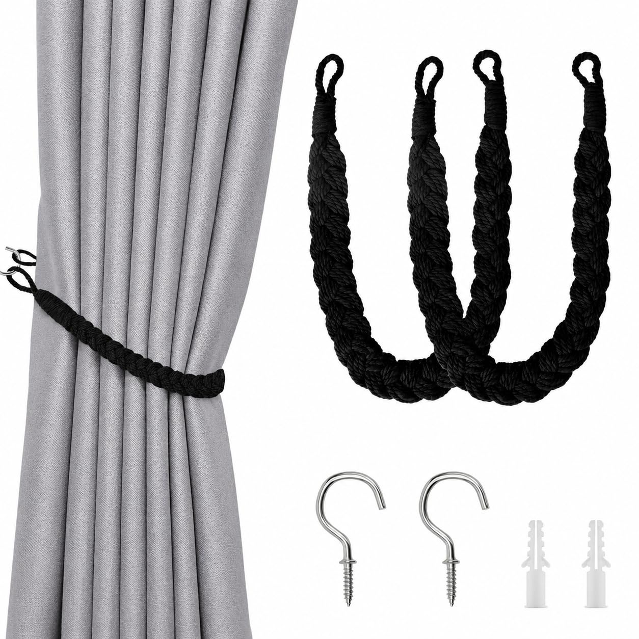 2 Pack Rope Curtain Tie Backs, Hand-Woven Natural Cotton & Boho Style Decorative Curtain Tiebacks with Metal Hooks, Soft Braided Curtain Ties for Home and Office Drapery