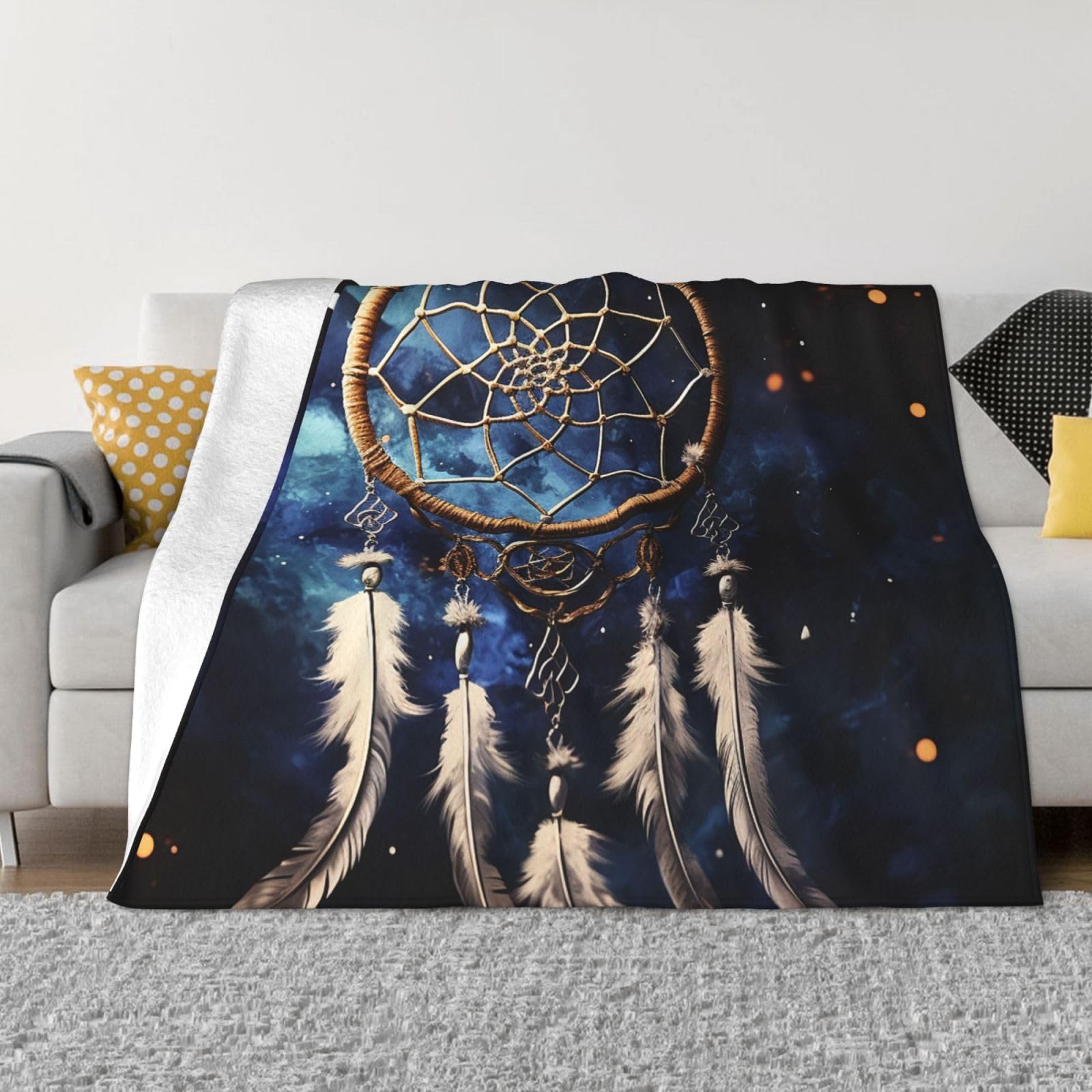White fantasy dream catcher Throw Blanket 60"x50" Flannel Fluffy Warm Blanket for Couch, Reversible Plush Blankets for Bed, Comfy Fuzzy Blanket for Sofa, Plush Lightweight-Blankets for All Season