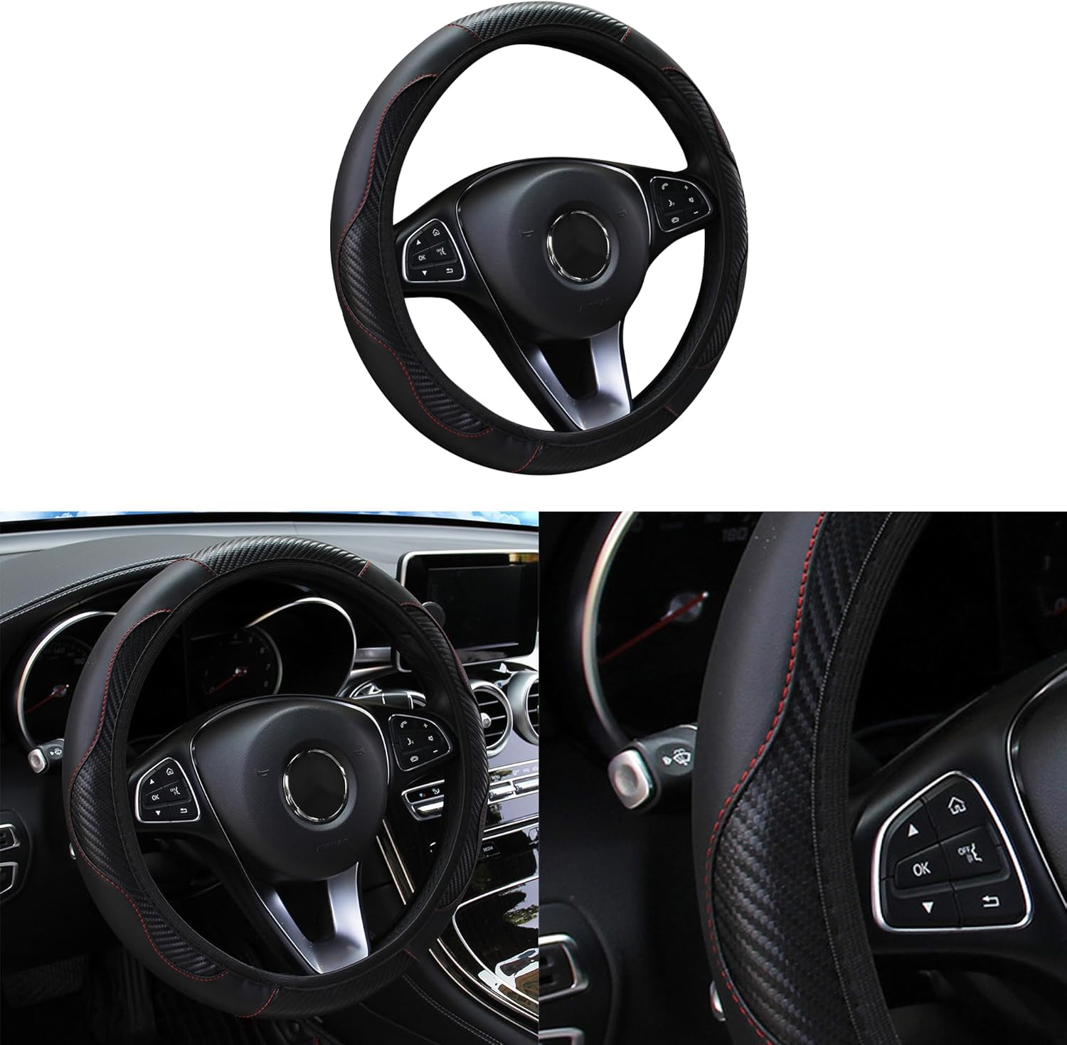 Car Steering Wheel Cover, 15 inch Carbon Fiber Microfiber PU Leather Elastic Steering Wheel Protector for Men Women, Anti-Slip Breathable Car Interior Accessories for Most Cars (Black)