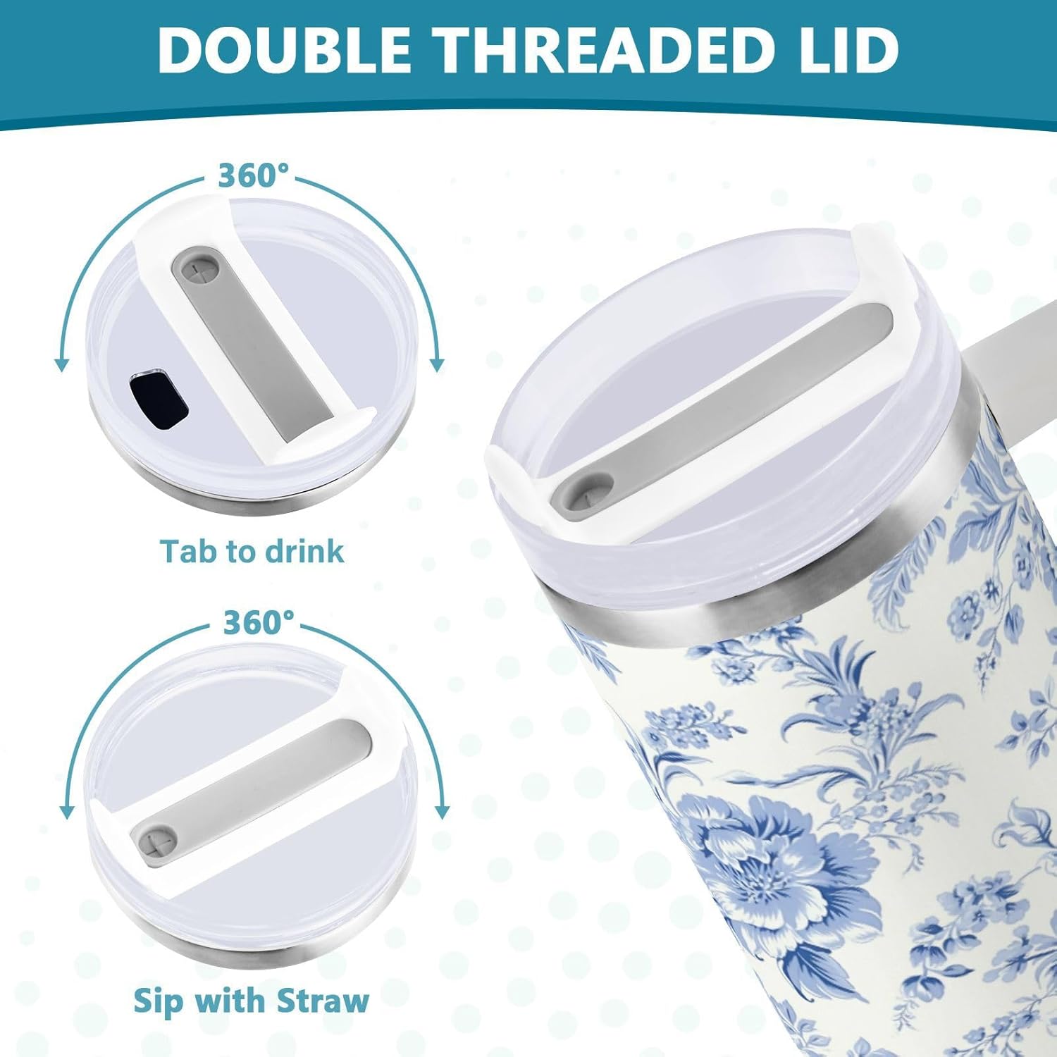 Boccsty Vintage French Floral Insulated Tumblers Blue Pattern Reusable Stainless Steel Tumbler 30 oz Cup Coffee Travel Mug Water Bottle with Handle & Flip Straw for Home Office Car - Image 5