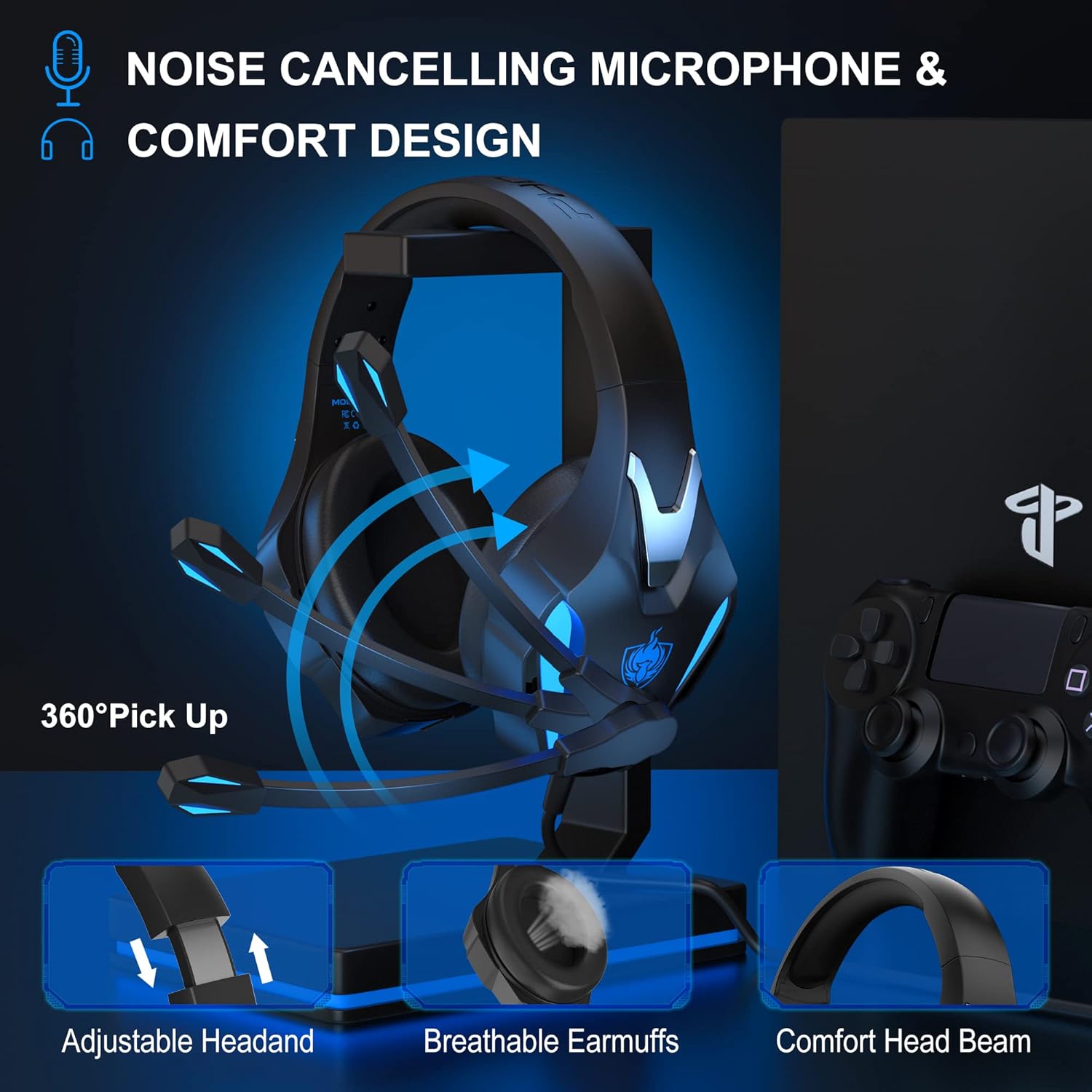 YOTMS PS5 Gaming Headset for PC, PS4, Switch, Mobile, Gaming Headphones with Noise Canceling Mic, Deep Bass Stereo Sound (Blue)