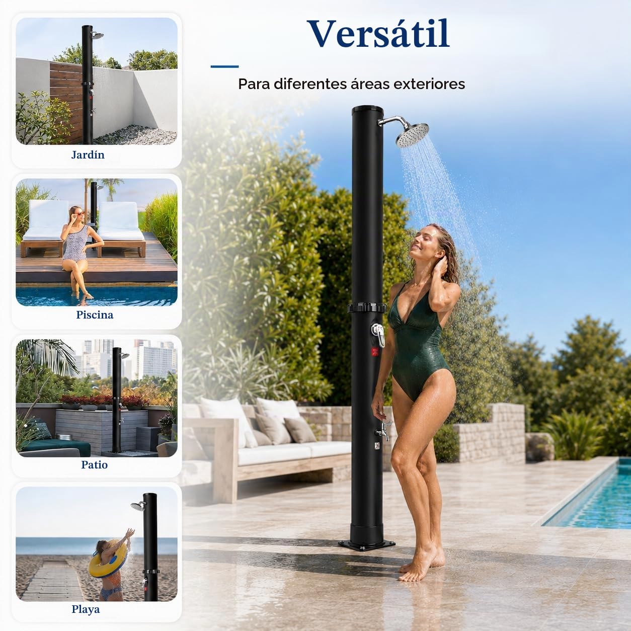 Ducha Solar Jardín con Funda Protectora – 35 litros Ducha de Piscina con Cabezal de Ducha de Lluvia Ajustable, Grifo de Control de Temperatura y Presión, Ducha Exterior Jardin