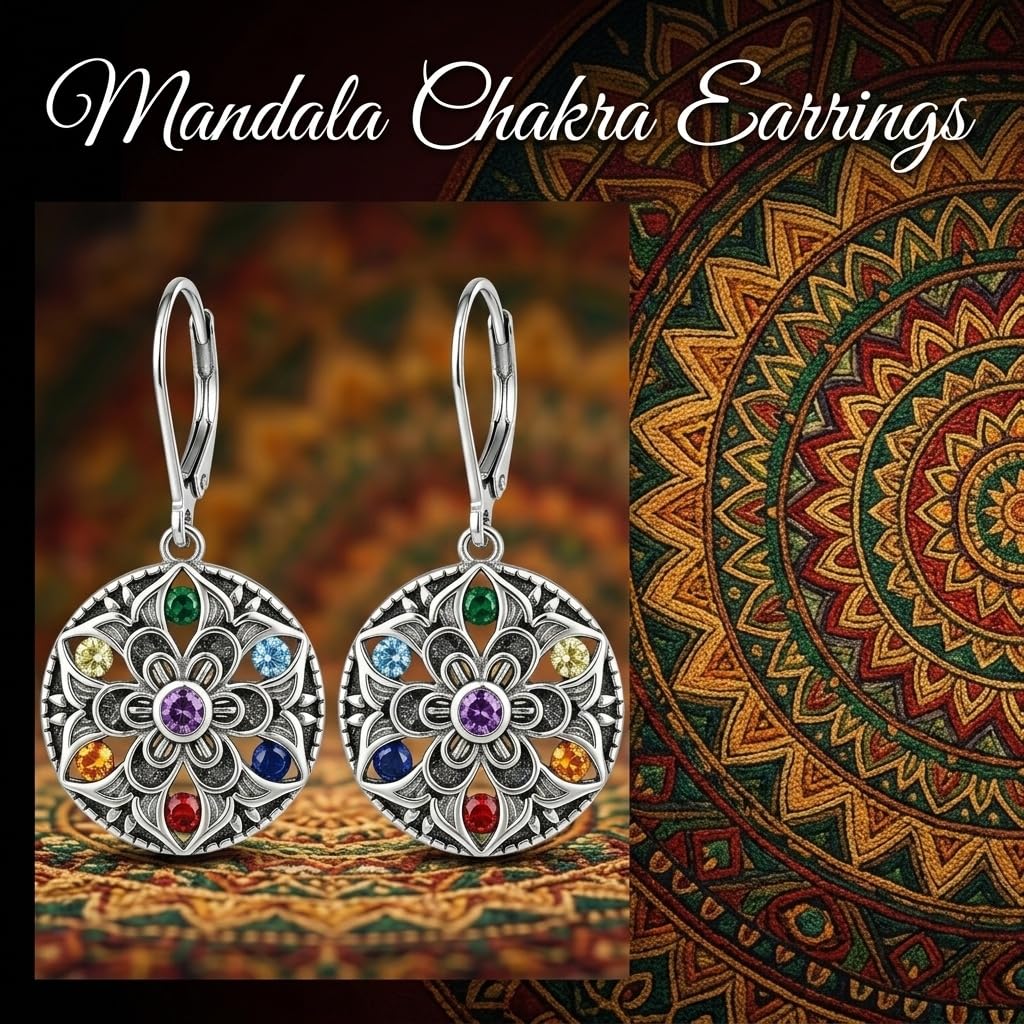 DAYLINLOVE 7 Chakra Ohrringe 925 Sterling Silber Mandal Lotus/Blume des Lebens Abalone Muschel Hänge Ohrringe Chakra Schmuck Geschenk für Damen Frauen Mädchen