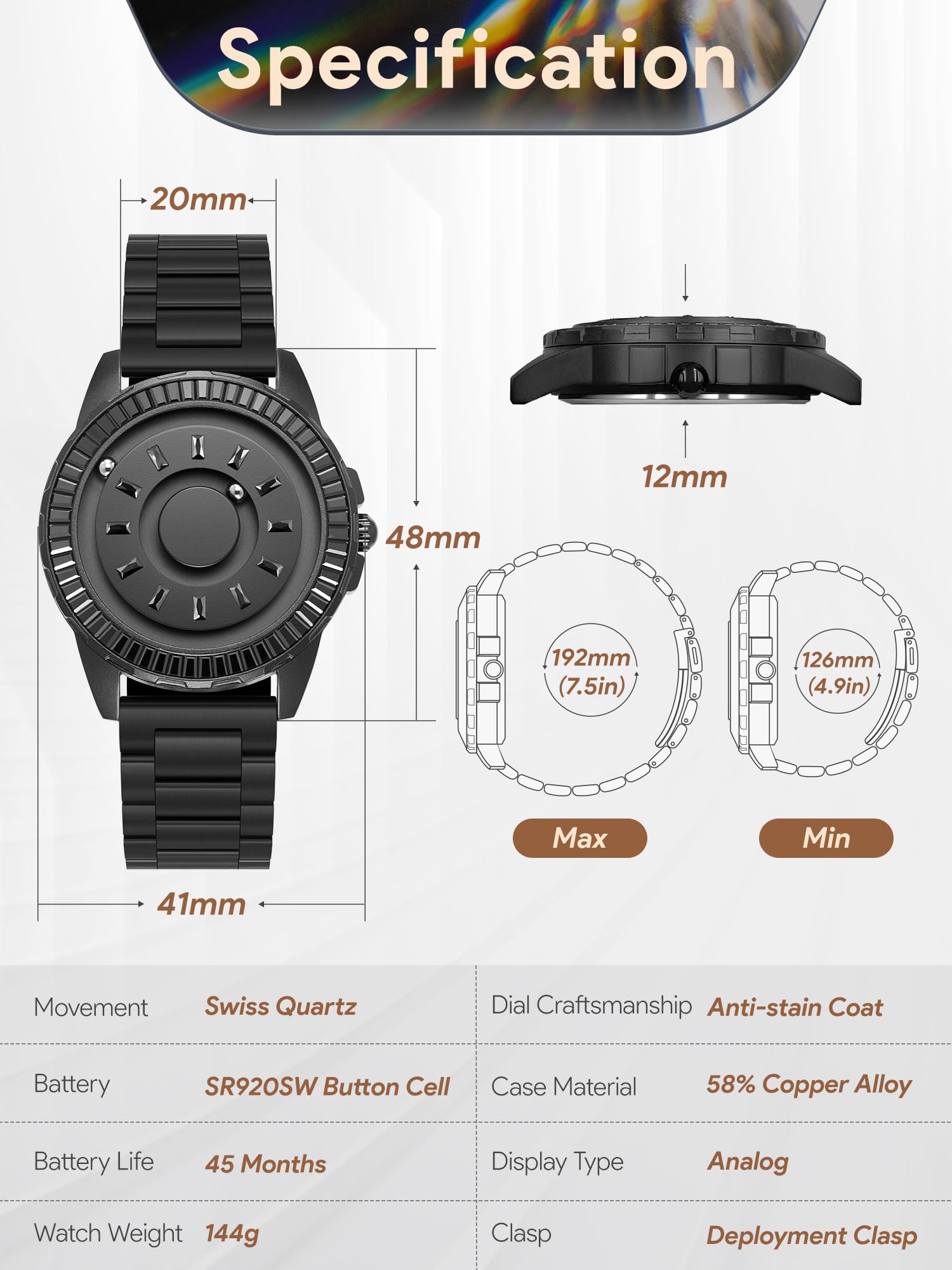 EUTOUR Ologio di Diamanti Magnetico Lusso Fashion Nessun Vetro Cuscinetto a Sfera Quarzo Orologi da Polso da Uomo Donna con Cinturino in Acciaio Inossidabile 42mm