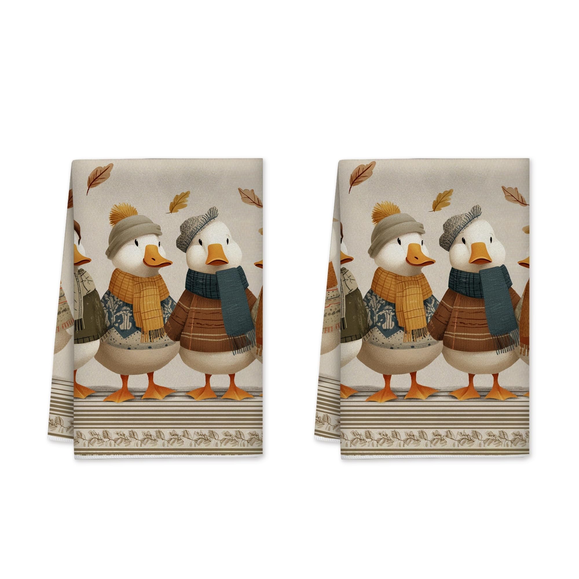 Autumn Duck Pattern Kitchen Towels Set of 2,Fanciful Rustic Seasonal Theme Illustrative Design Warm Beige Absorbent Tea Towels Kitchen Essentials 16x24 Inch (2PCS)
