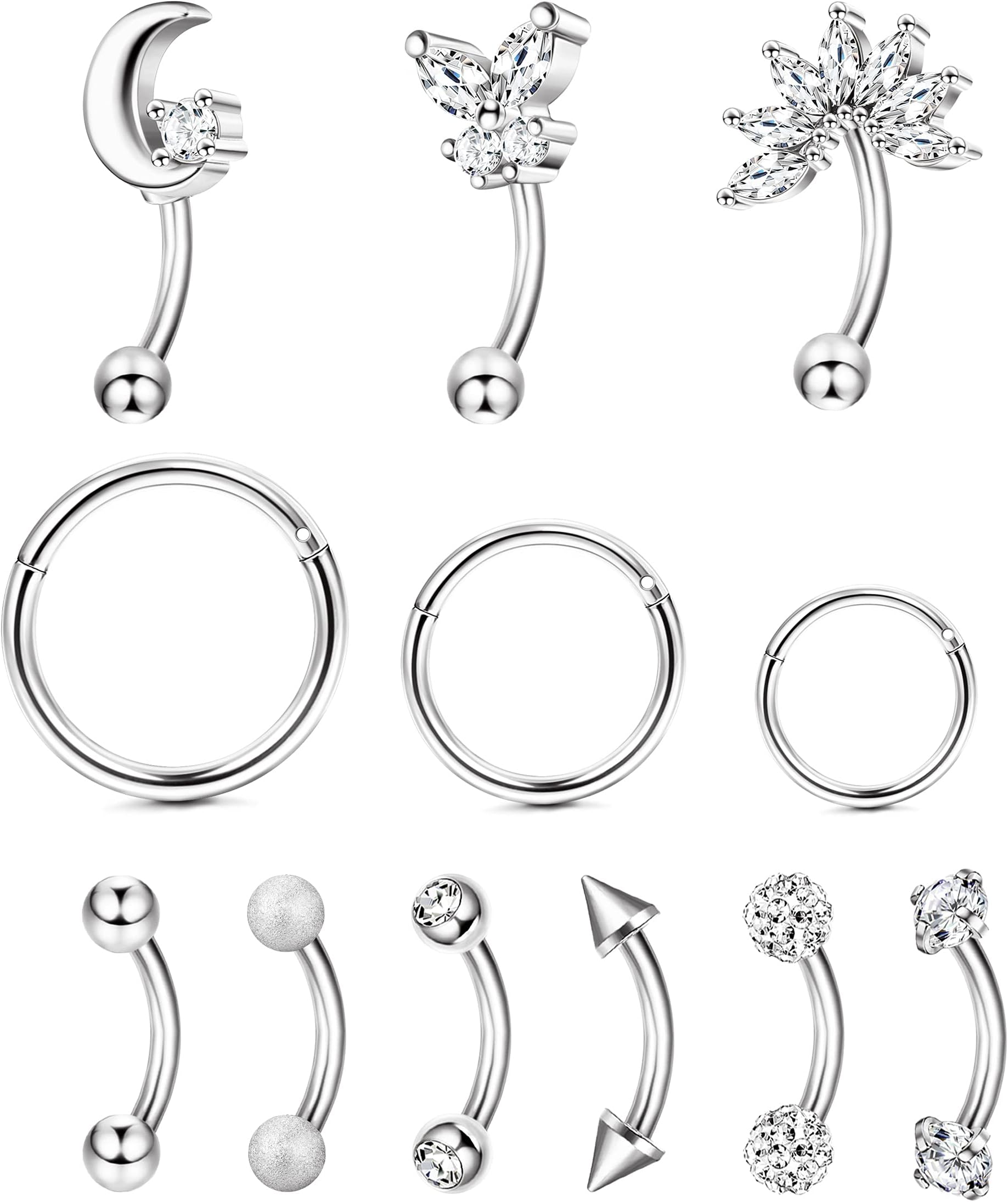 12pcs 16G Rook Piercing Jewelry Eyebrow Rings Stainless Steel Belly Lip Ring Cartilage Hoop Rook Daith Earrings Tragus CZ Body Piercing Curved Barbell