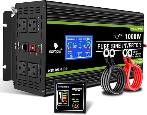 Novopal Inversor de corriente de onda sinusoidal pura de 1000 W, convertidor de corriente de 12 V CC a 110 V/120 V CA, 4 salidas de CA, inversor de