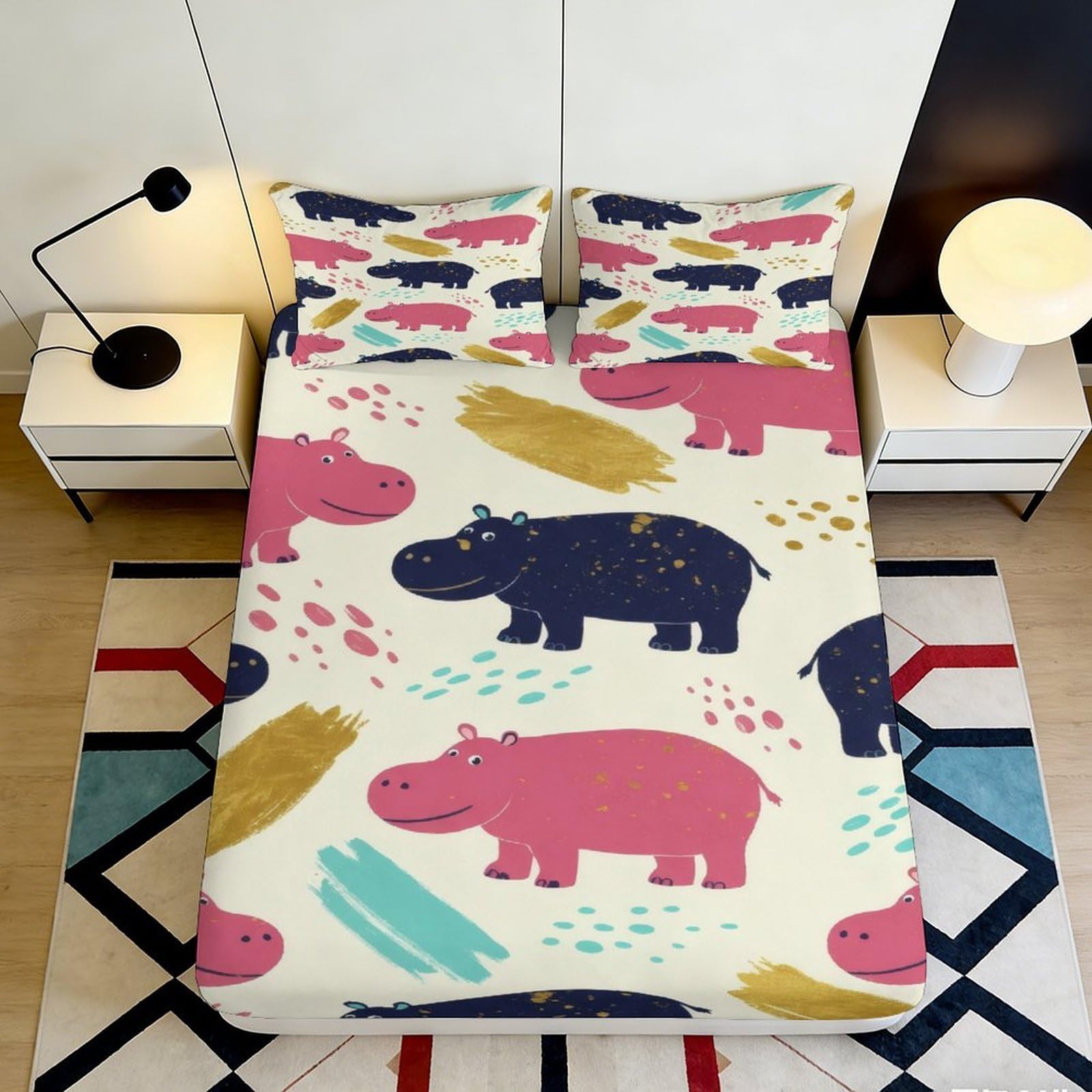 Jqzkxnhpbr Style-6 3D Printed Colorful Hippo Fitted Sheet Microfiber Anti-Slip Animal Bed Cover For Bedroom Guest Room Easy Care 90X200x25cm