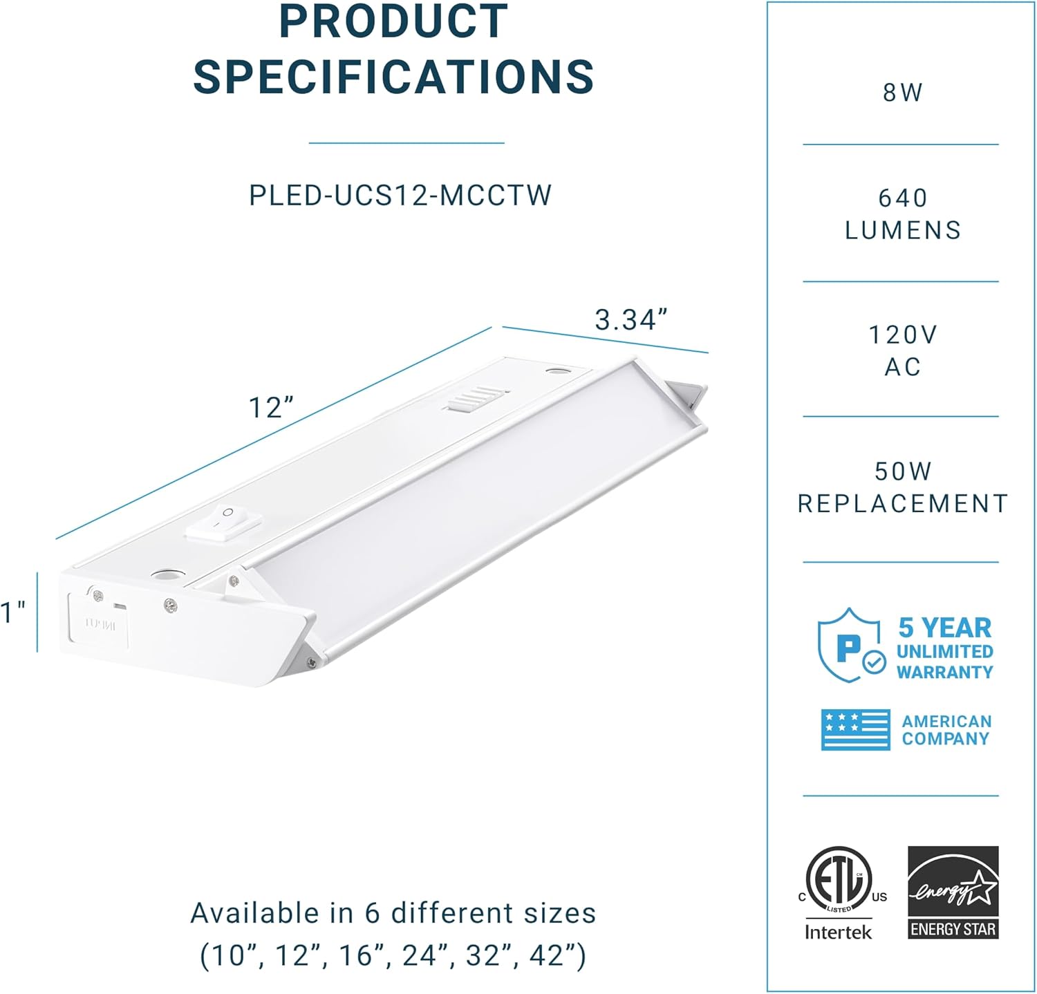PARMIDA LED Swivel Under Cabinet Lighting, Hardwired or Plug-in Installation, 12 Inch, 8W, 5CCT Color Selectable - 2700K/3000K/4000K/5000K/6000K, Rotatable Lens, Dimmable, Linkable, 120V, 640LM, ETL