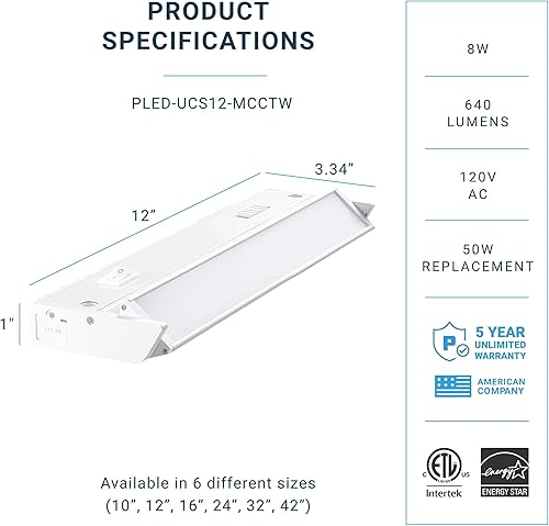 Vista 2 de PARMIDA LED Swivel Under Cabinet Lighting, Hardwired or Plug-in Installation, 12 Inch, 8W, 5CCT Color Selectable - 2700K/3000K/4000K/5000K/6000K