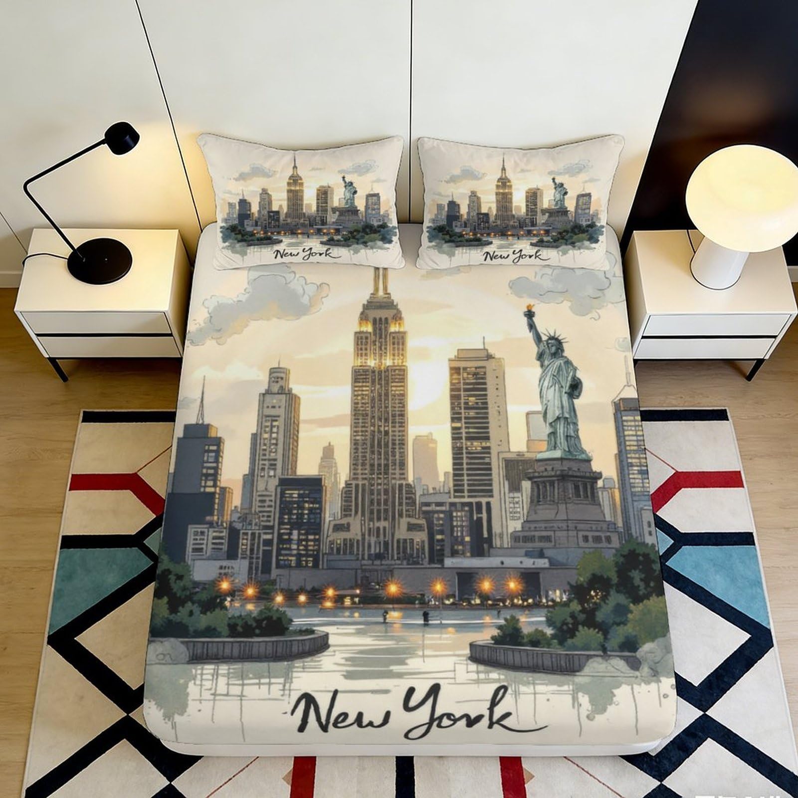 3D Printed New York Skyline Fitted Sheet Microfiber Soft Breathable Cityscape Bed Cover for Bedroom Dormitory Guest Room Mattress Protection Decor 180x200x25cm