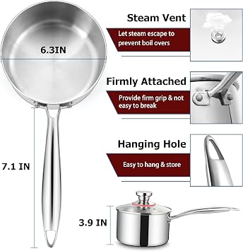 Homikit 2 Quart Saucepan with Lid, 2QT Tri-Ply Stainless Steel Sauce Pan with Ergonomic Handle, Heavy Bottom Small Pot for Kitchen Cooking, Compatible with All Cooktops for Boiling Eggs Warming Milk