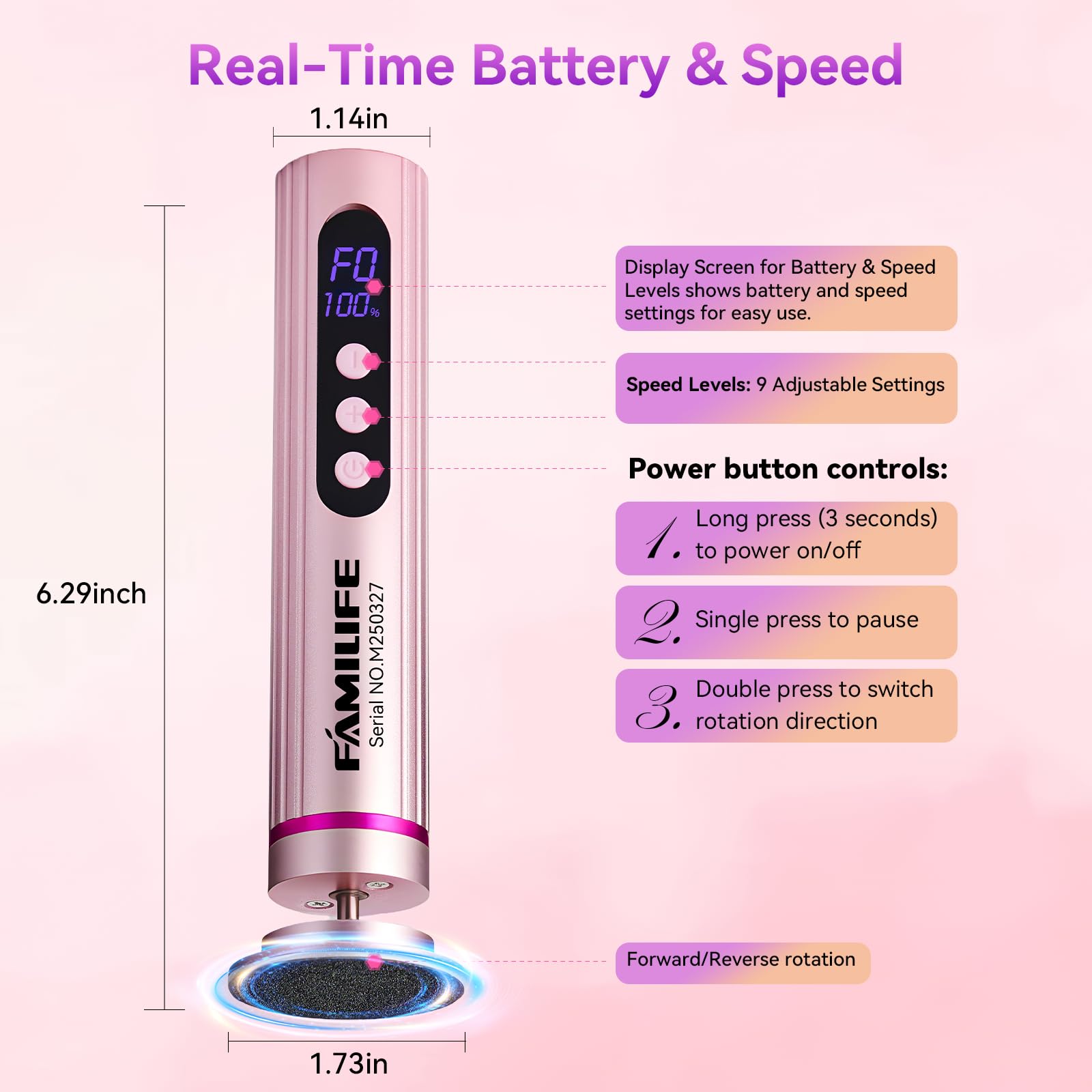 FAMILIFE Lime électrique pour callosités - Outil de pédicure rechargeable avec écran d'affichage, disques de papier abrasif remplaçables, rotation avant et arrière, pour homme et femme