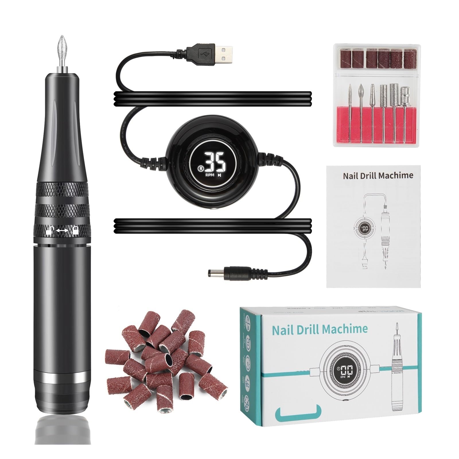 Torno para Uñas, Máquina de taladro de uñas 35000RPM Máquina de manicura eléctrica Pedicura Juego de brocas de manicura Juego de cortadores de fresado Herramientas de equipo de lima de uñas(Nero)