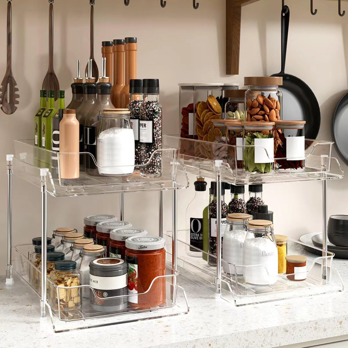 JLKDQ 2 Pack Bathroom Under Sink Organizers and Storage, 2-Tier Pull Out Medicine Cabinet Organizing- Kitchen, Pantry, Medicine Storage Bins, Vanity Makeup.(Clear,10.63" L x 8.0" W x 8.46" H).