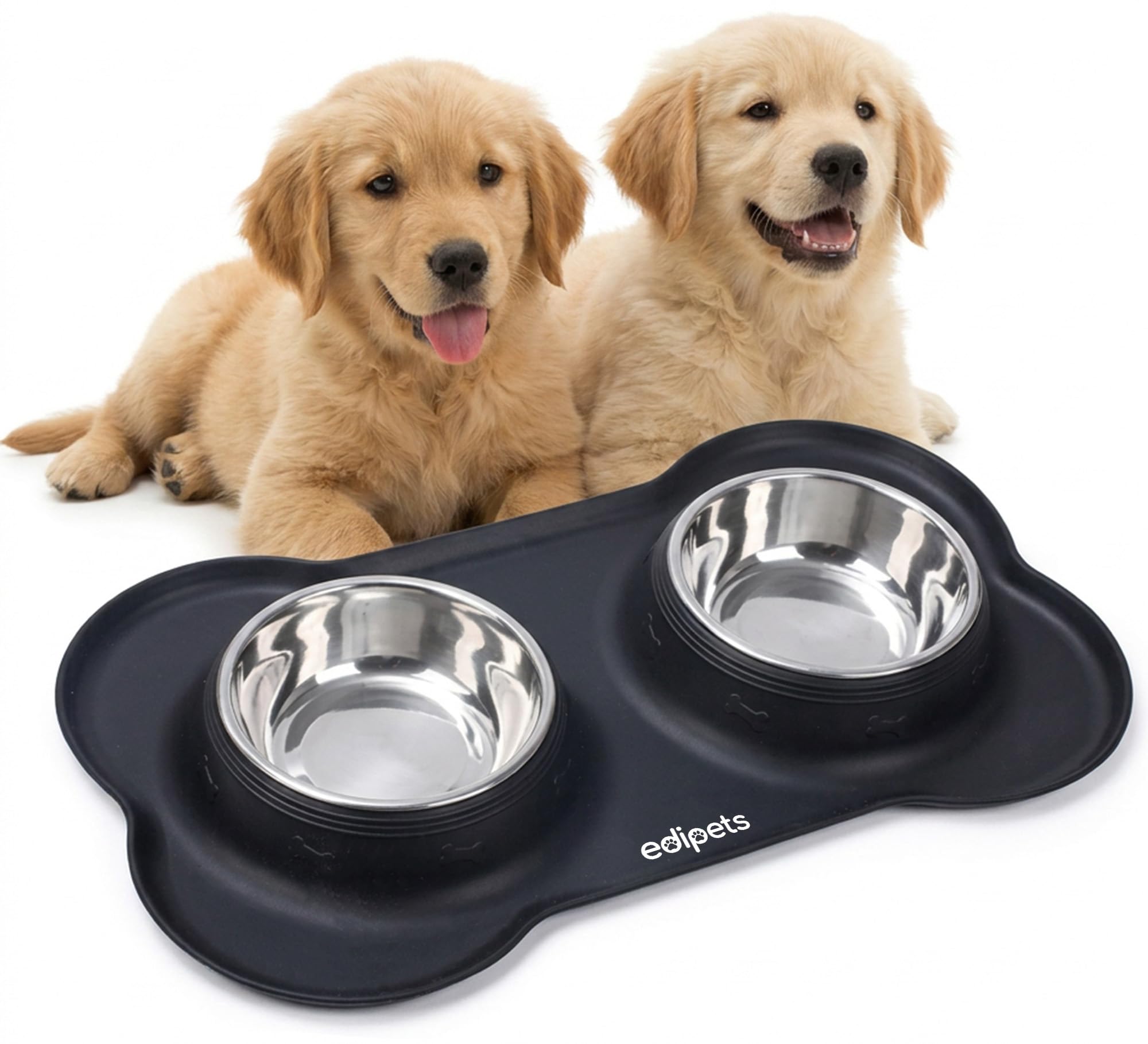 Edipets, Comedero Perro Gato y Mascotas, Bebedero Perro Gatos, Doble Plato Extraíble de Acero Inoxidable, Base de Silicona Antideslizante (Tamaño M - 480 Gr, Negro)