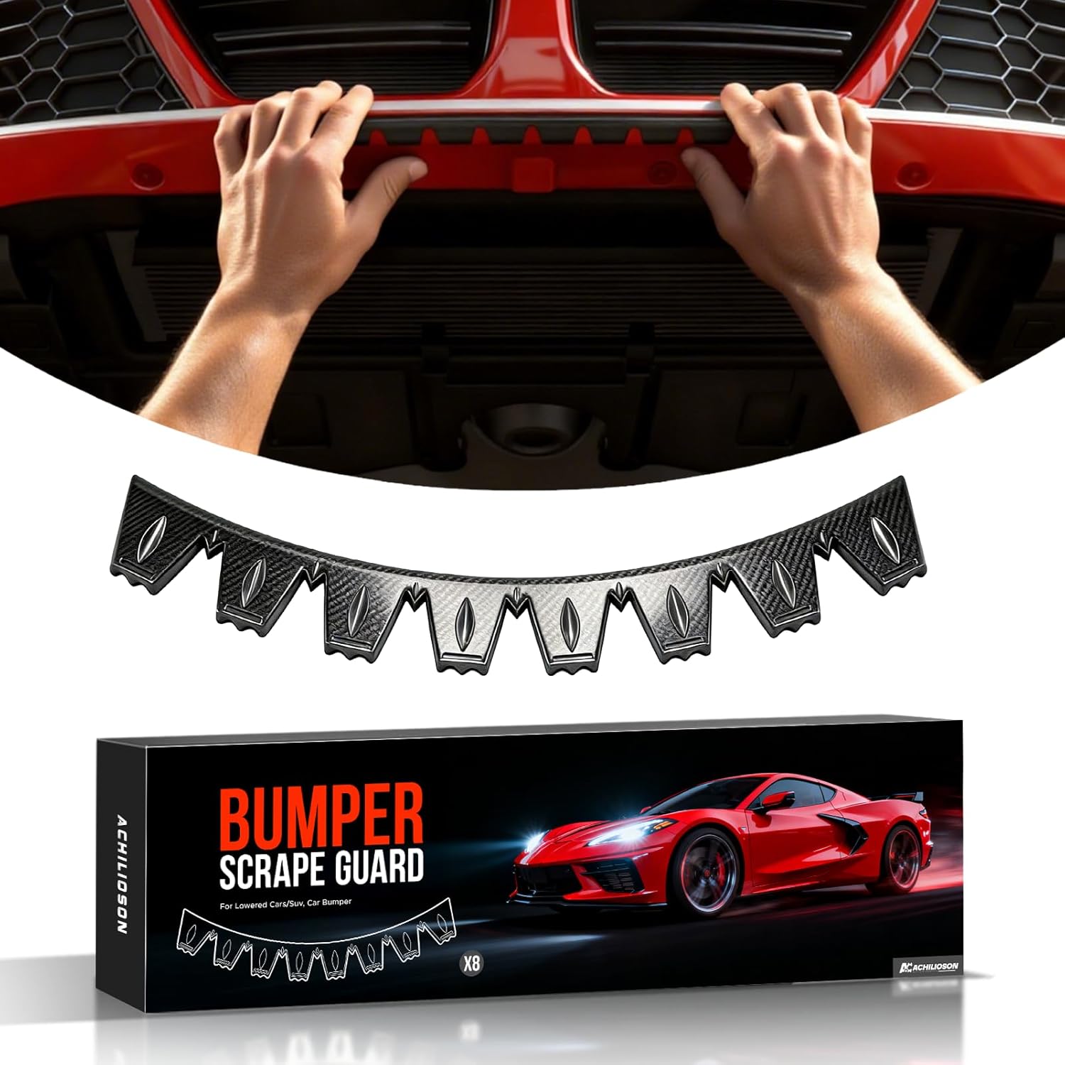 Universal Front Bumper Scrape Guard Skid Plate Protection for Lowered Cars/SUV, Car Bumper Guard Anti-Scratch Kit Scrape Protector Plate Skid Plate 8 Pack（Carbon Fiber Texture）