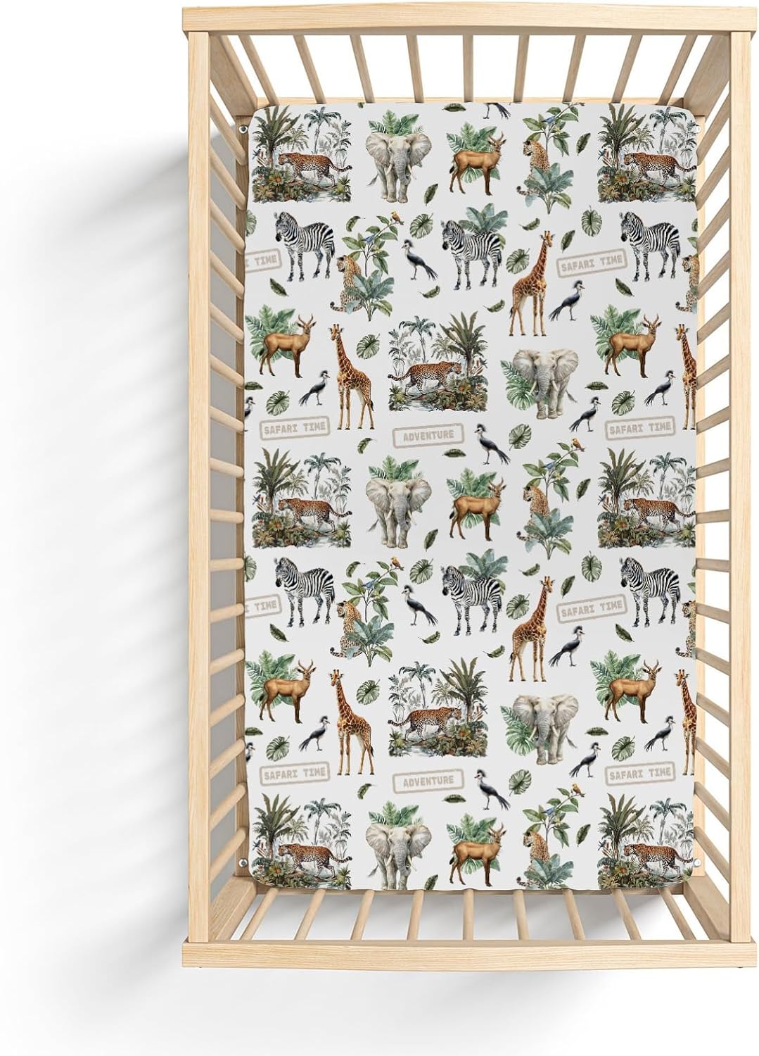 Safari Animal Adventure Baby Crib Sheets for Boy Girl 52x28 Elephant Leopard Giraffe Zebra Tropical Leaves Soft Snug Fitted Crib Mattress Cover African Baby Sheet for Standard Crib & Toddler Mattress