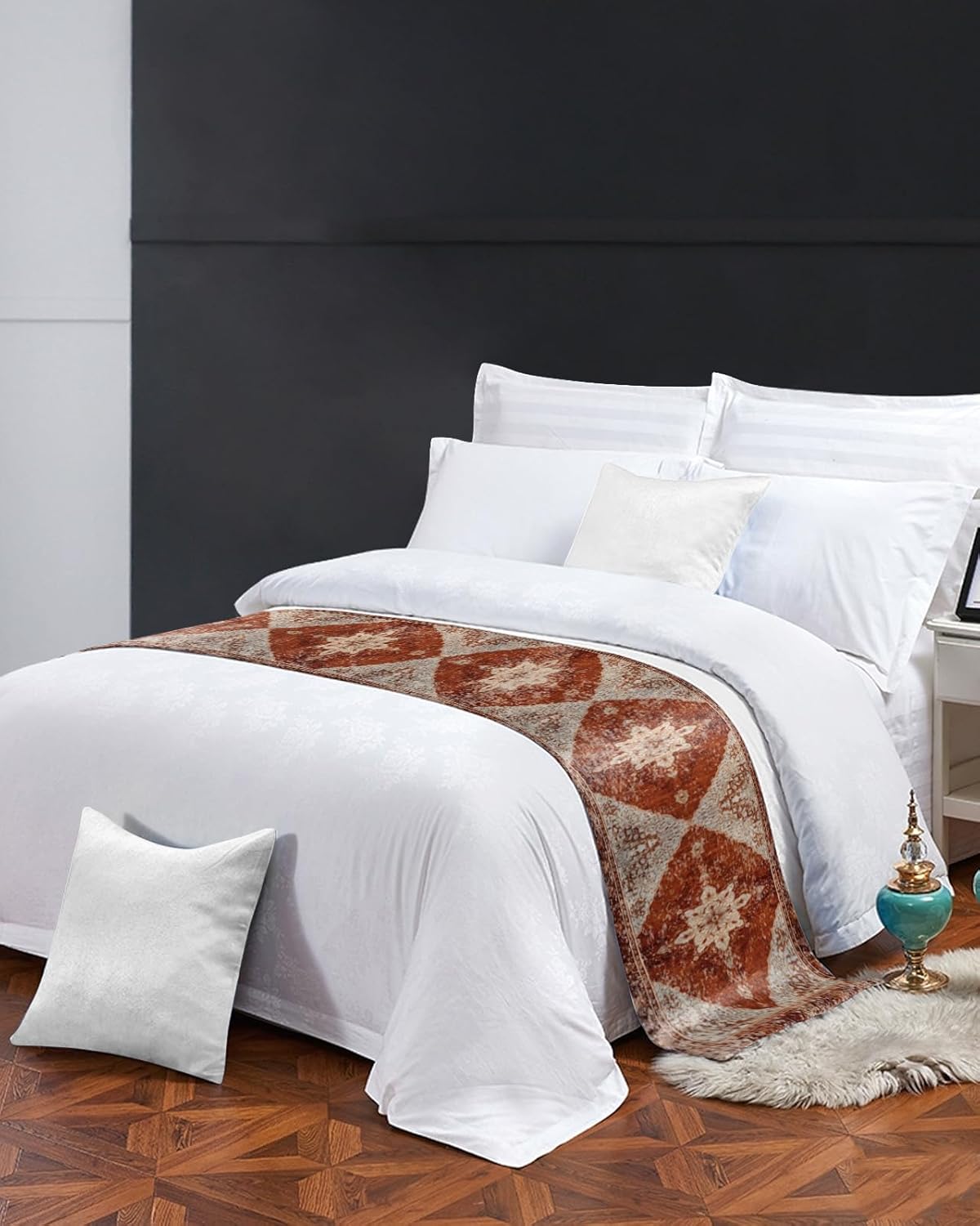 Geometric Bed Runner Scarf Bedding Accessory For Queen Size Bed,Soft Bed Scarves And Runners Stainproof Dustproof Bedroom Protector For Hotel,Retro Classic Historical Oriental Painting 94"x20"