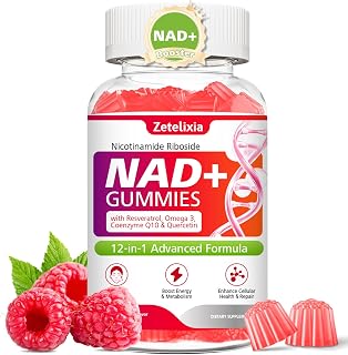 NAD+ Gummies, 12-in-1 NAD Supplements for Women & Men, NAD+ with Nicotinamide Riboside, Resveratrol, Quercetin for Anti-Aging, Cell Regeneration, DNA Repair, Raspberry Flavor, 60Ct
