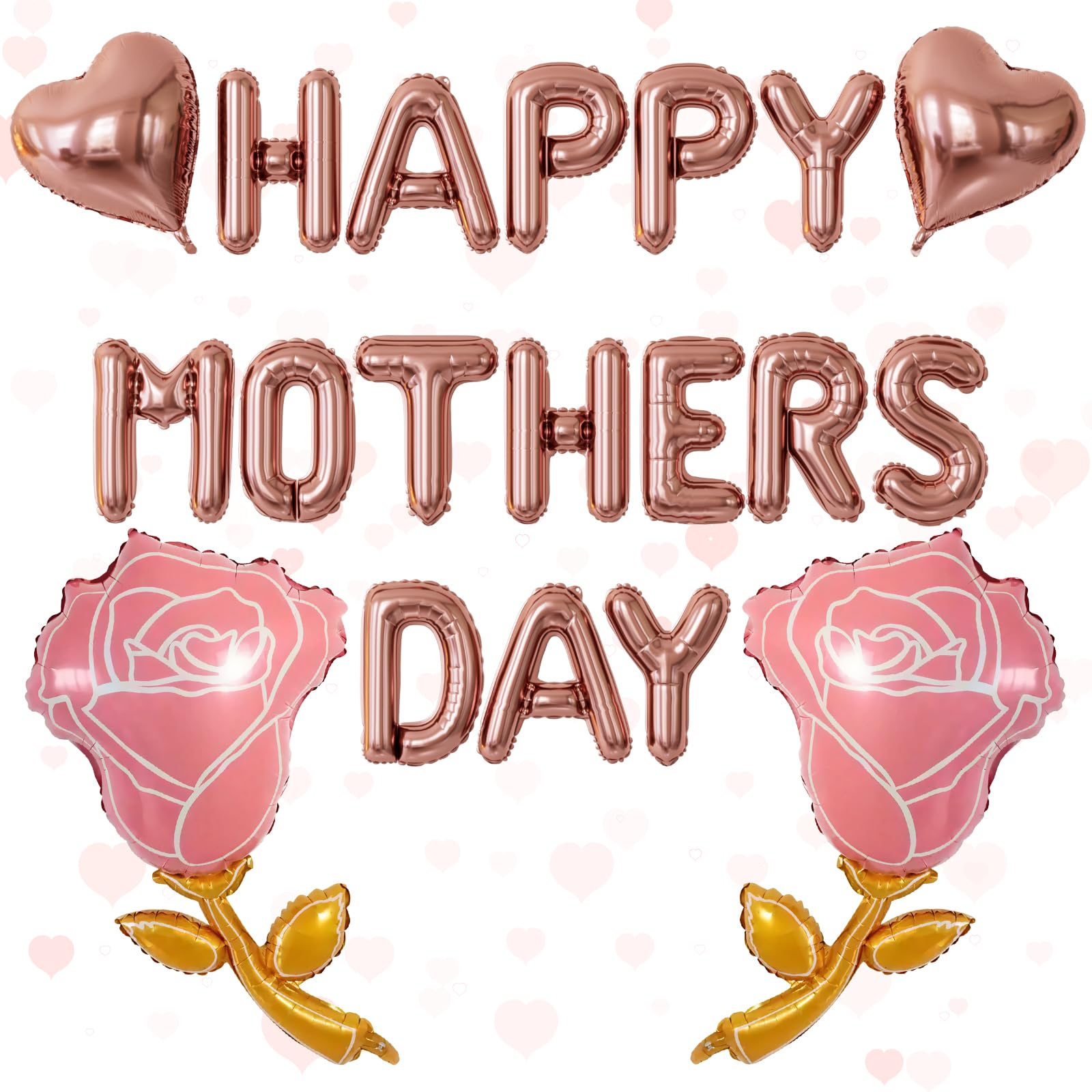 Adeyoo Happy Mothers Day Balloons - 16 Inch Happy Mothers Day Balloons Banner with Rose Gold Heart Balloons Big Rose Flower Foil Balloon, Self Inflating Balloon for Mother's Day Party Decorations