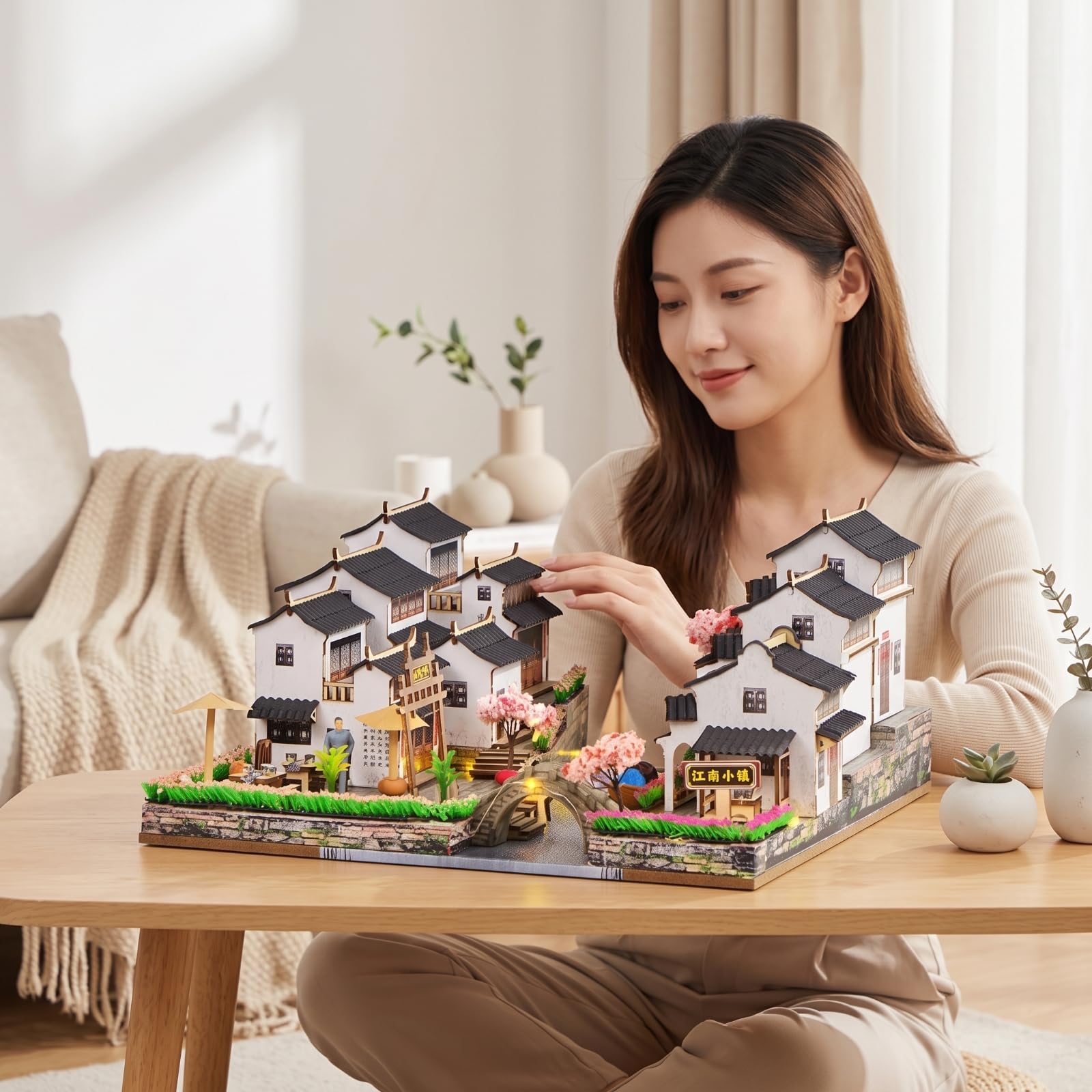 Architecture Assembly PRO Modello in in Miniatura Diorama Tradizionale con Ponte Ad Arco E Figura Decorativa Adatto per Collezione Decorazione Studio, 江南小镇2号BM382