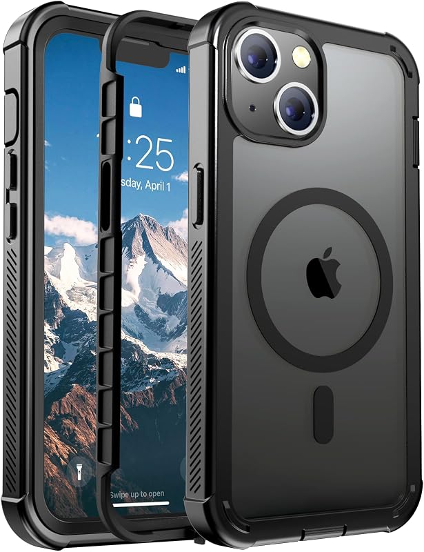 Magnetic for iPhone 13 Case Heavy Duty Protection Black | Compatible with MagSafe,Military Grade Drop Protection,Translucent Matte,Non-Slip,Shockproof 2-Layer Durable Bumper Case