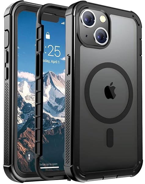 for iPhone 13 case, with [Compatible with MagSafe][Military Grade Drop Protection][Heavy Duty Protection][Non-Slip][Shockproof] with 2-Layer Durable Bumper Phone Case 6.1''-Black