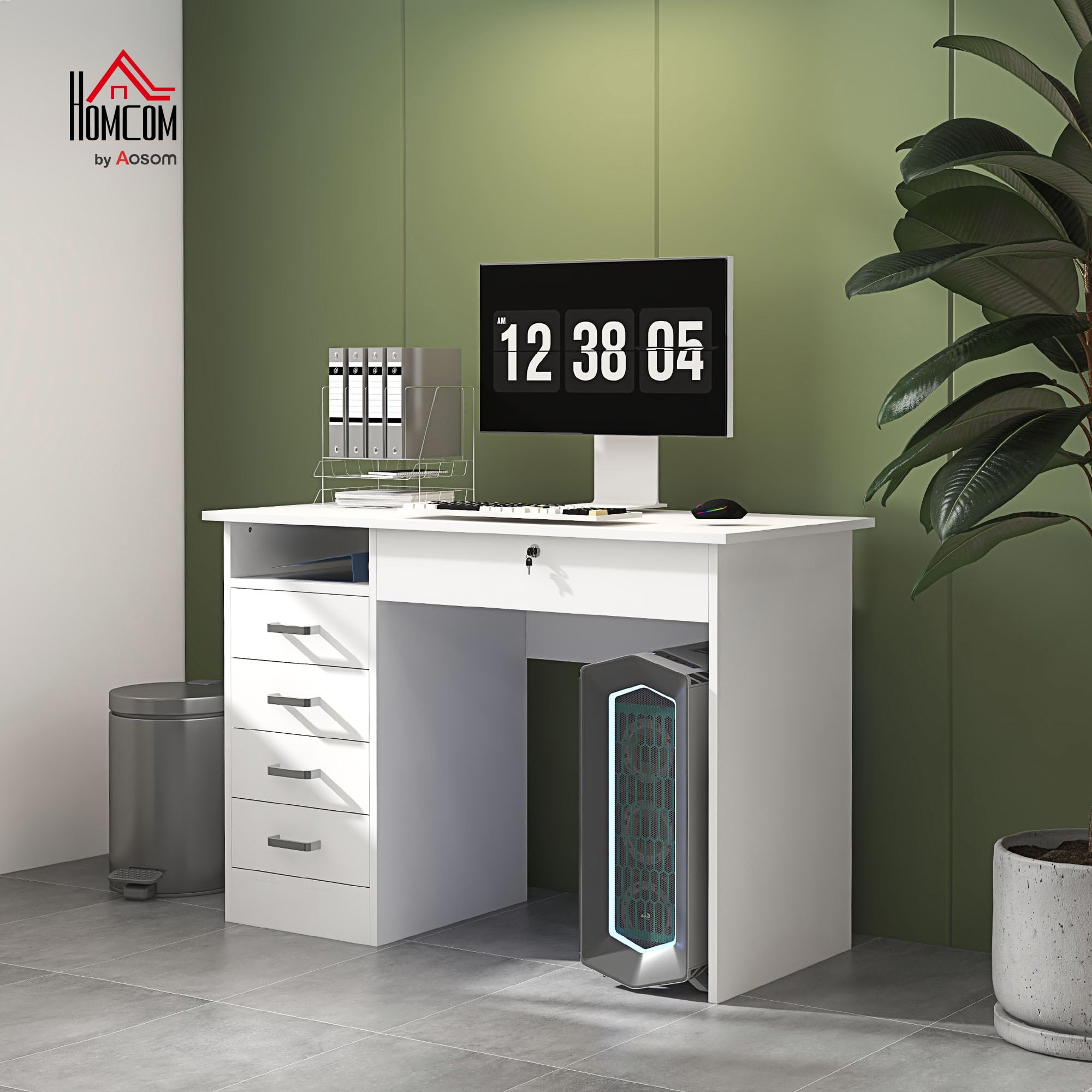 HOMCOM Bureau Informatique avec 5 Tiroirs 110x50cm Blanc