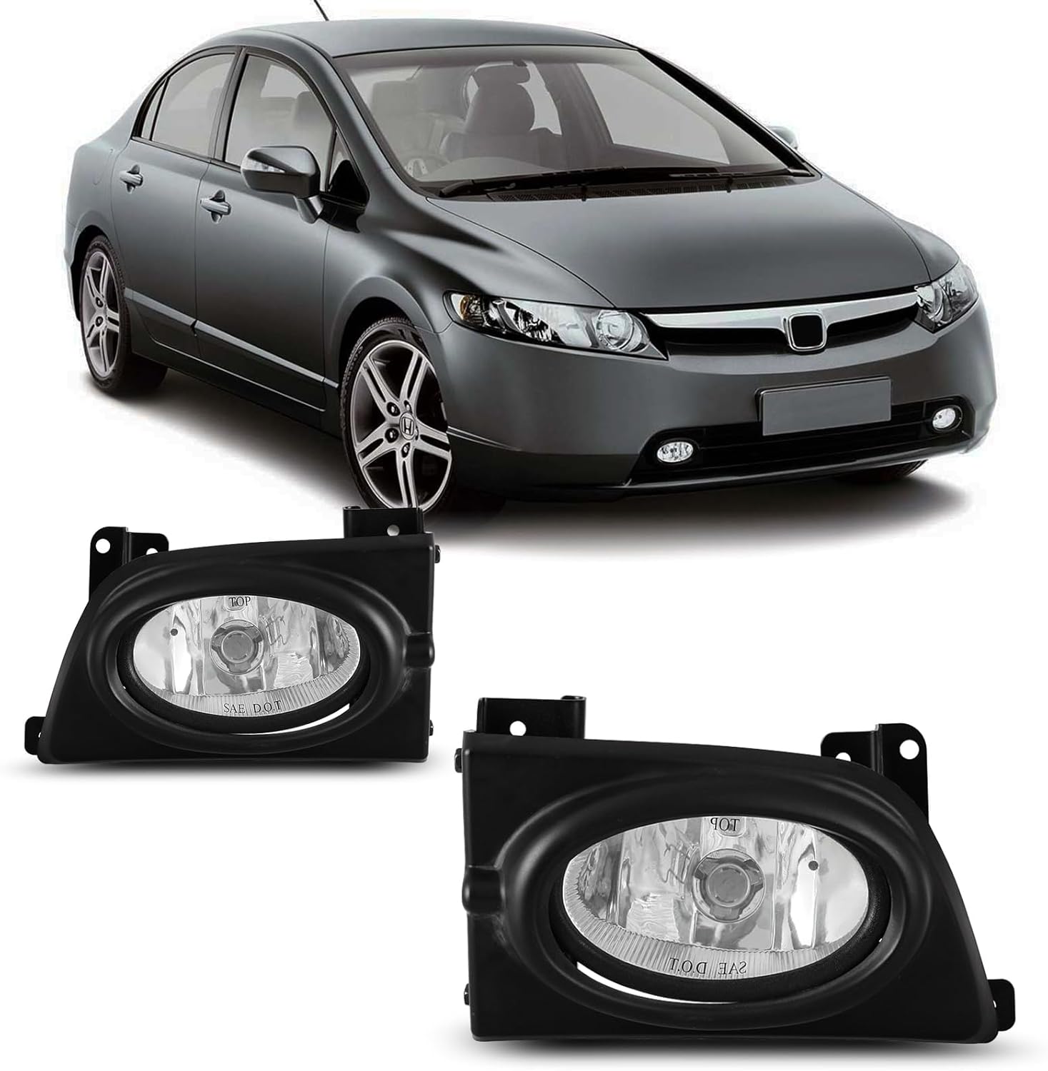 Fog Lights for Honda Civic Sedan 4 Door 2006 2007 2008 with H11 12V55W Bulbs Fog Lamps Assembly Replacement Included Wiring Kits & Switch- 1 Pair (Clear Glass Lens)