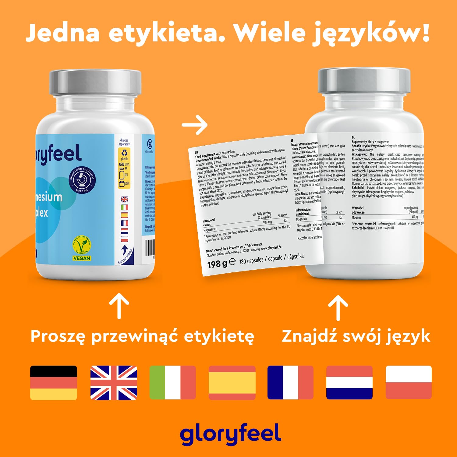Kompleks magnezu - 5 związków Premium - dicytrynian, tlenek, bisglicynian, jabłczan i askorbinian magnezu - bioaktywne źródła magnezu - wegańskie, testowane, wyprodukowane w Niemczech bez dodatków